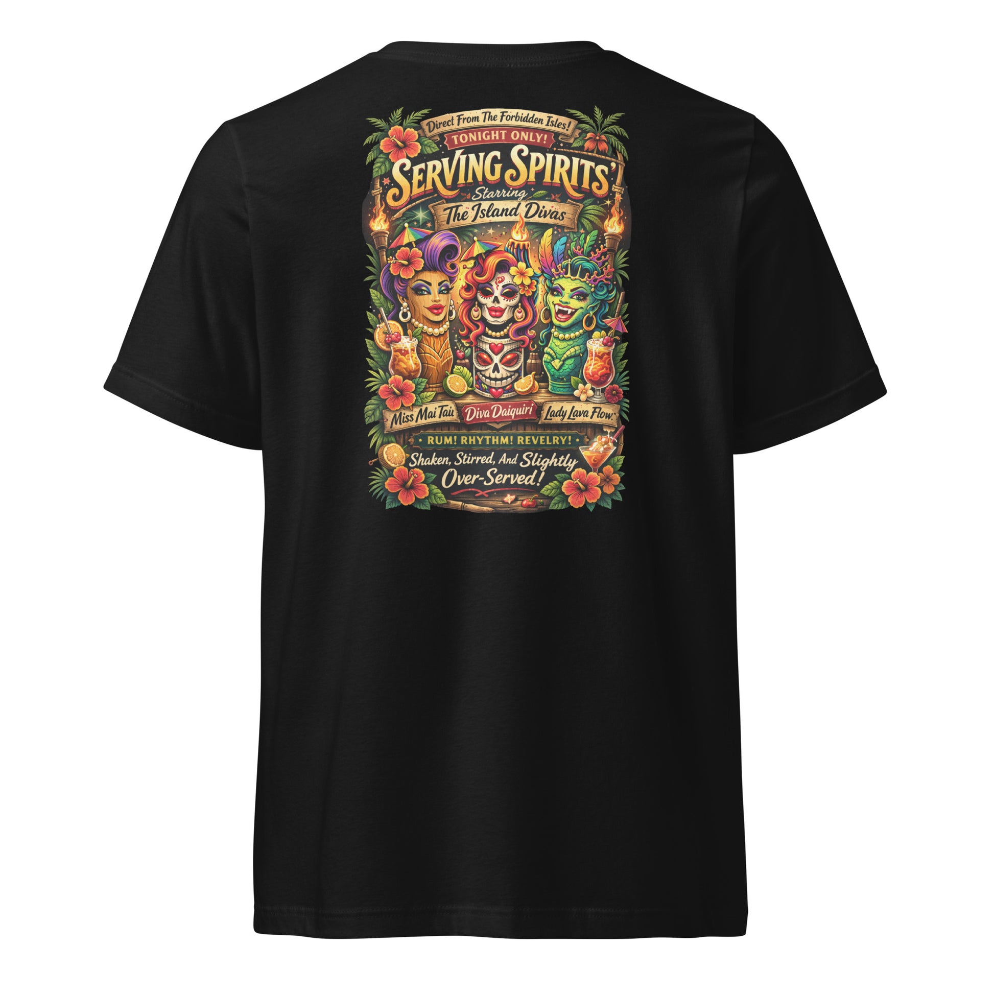 Serving Spirits Retro Tiki Women's Relaxed V-Neck T-Shirt — black, back view, queer-owned PNW Pride apparel