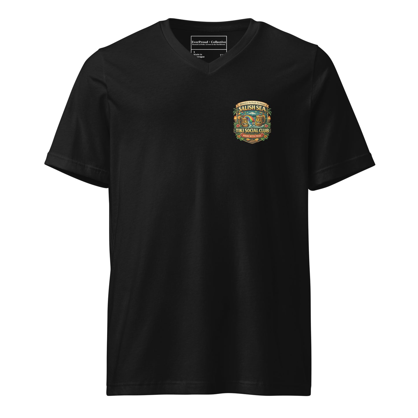 Serving Spirits Retro Tiki Women's Relaxed V-Neck T-Shirt — black, front view, queer-owned PNW Pride apparel