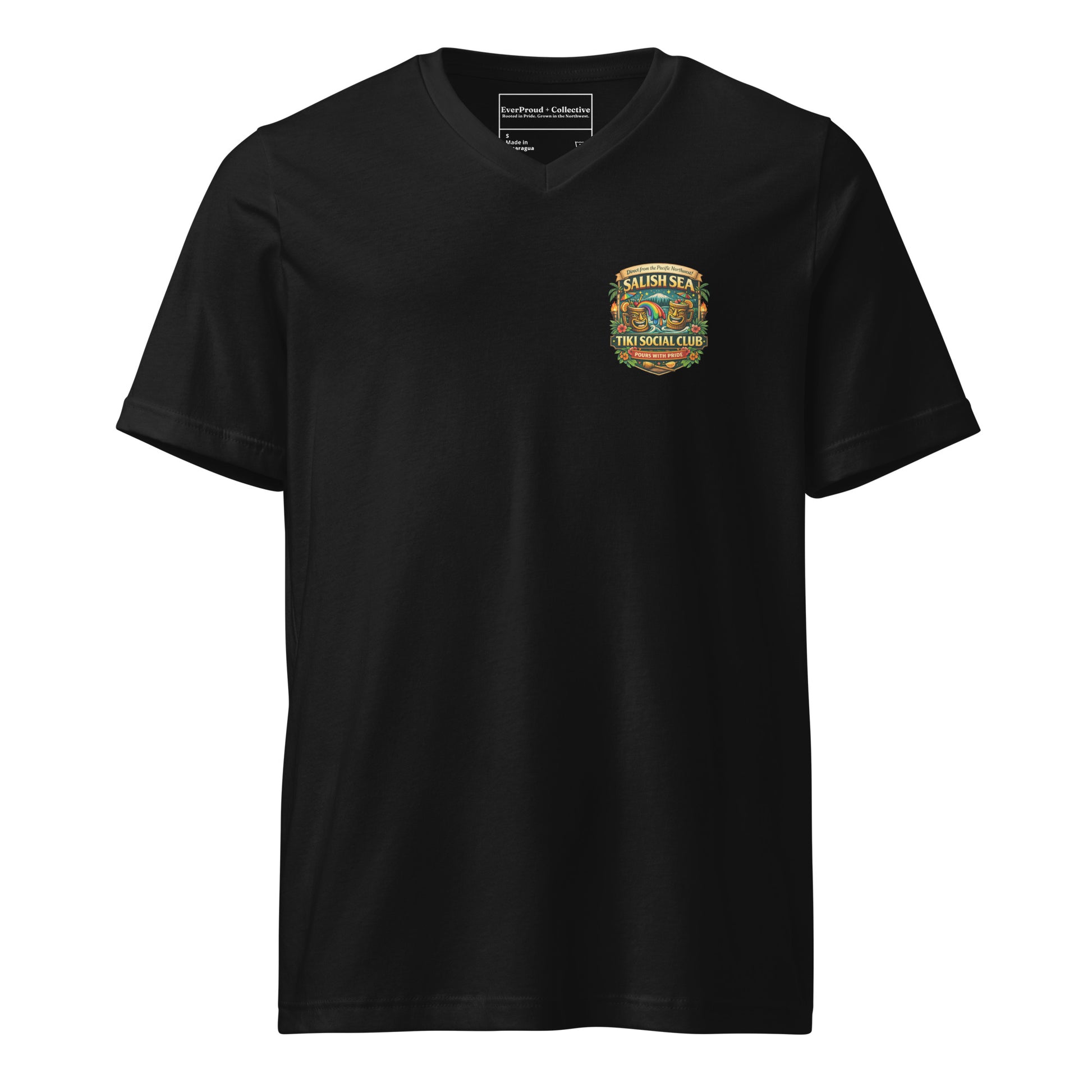 Serving Spirits Retro Tiki Women's Relaxed V-Neck T-Shirt — black, front view, queer-owned PNW Pride apparel