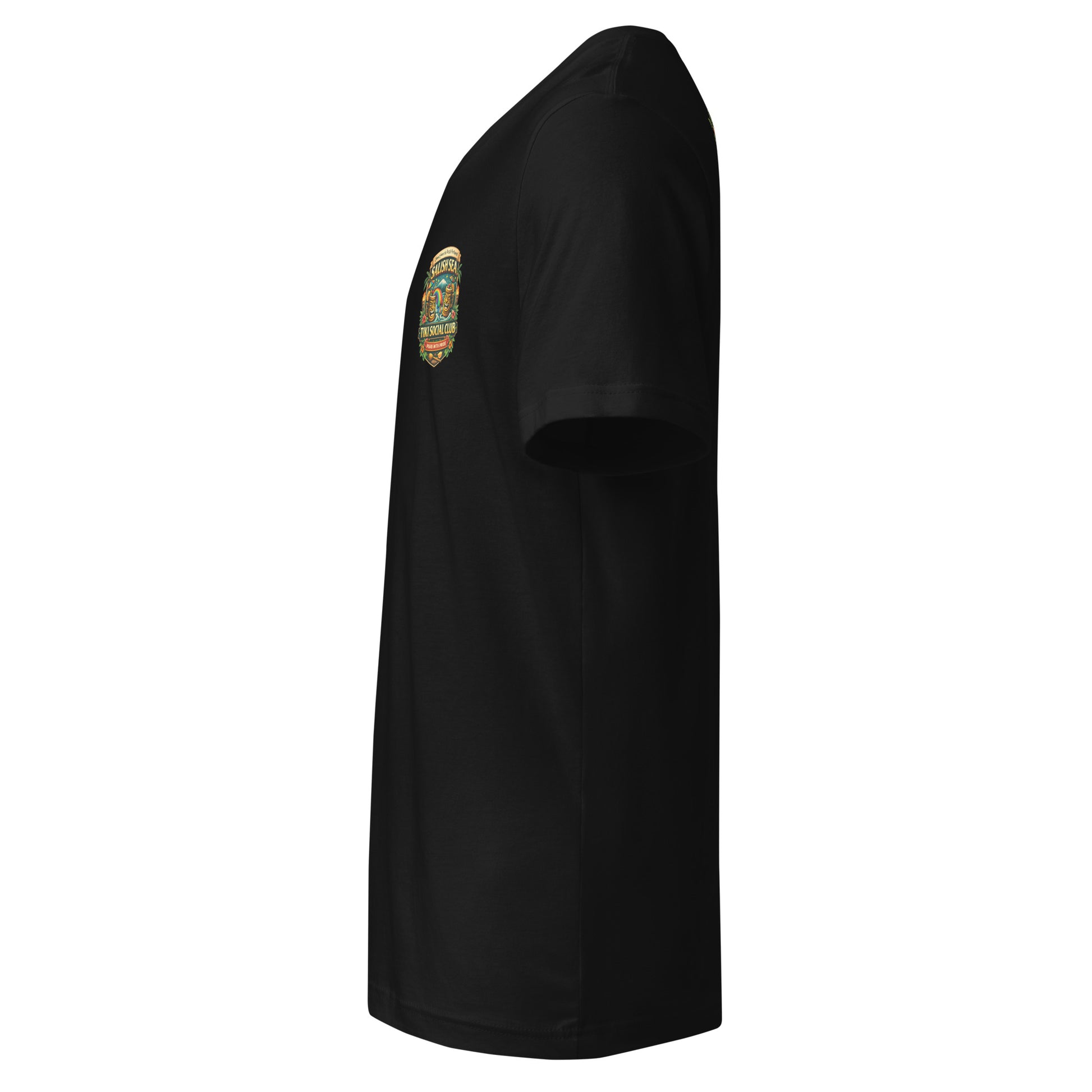 Serving Spirits Retro Tiki Women's Relaxed V-Neck T-Shirt — black, left view, queer-owned PNW Pride apparel