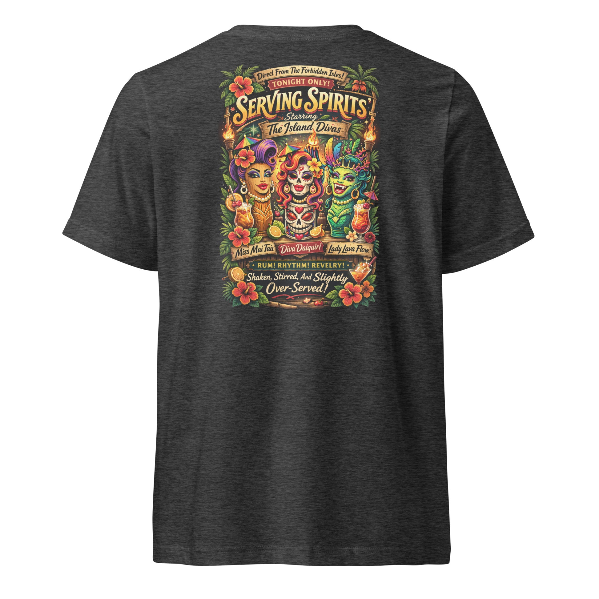Serving Spirits Retro Tiki Women's Relaxed V-Neck T-Shirt — dark grey heather, back view, queer-owned PNW Pride apparel