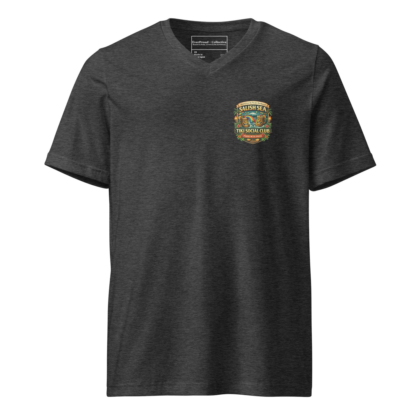 Serving Spirits Retro Tiki Women's Relaxed V-Neck T-Shirt — dark grey heather, front view, queer-owned PNW Pride apparel