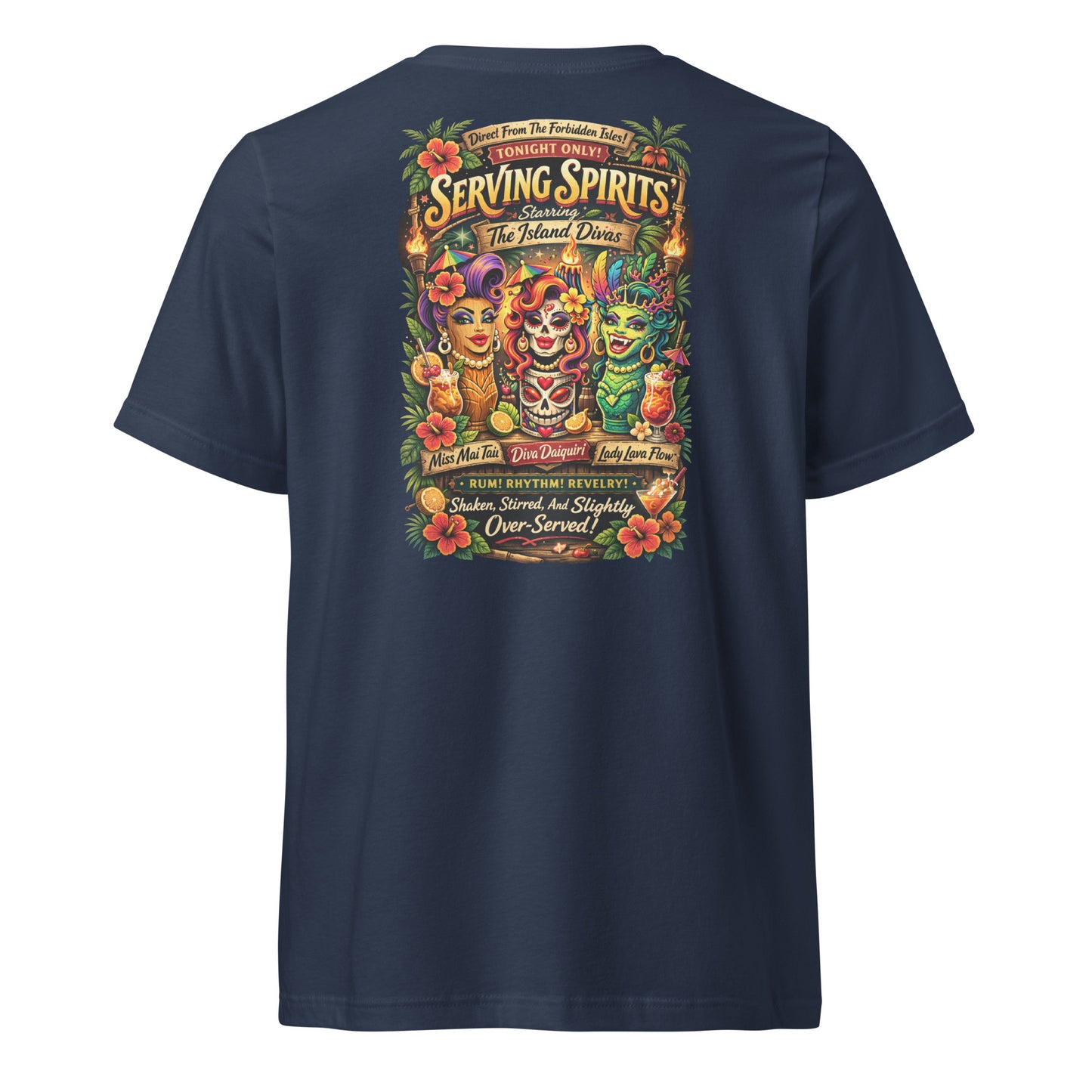 Serving Spirits Retro Tiki Women's Relaxed V-Neck T-Shirt — navy, back view, queer-owned PNW Pride apparel