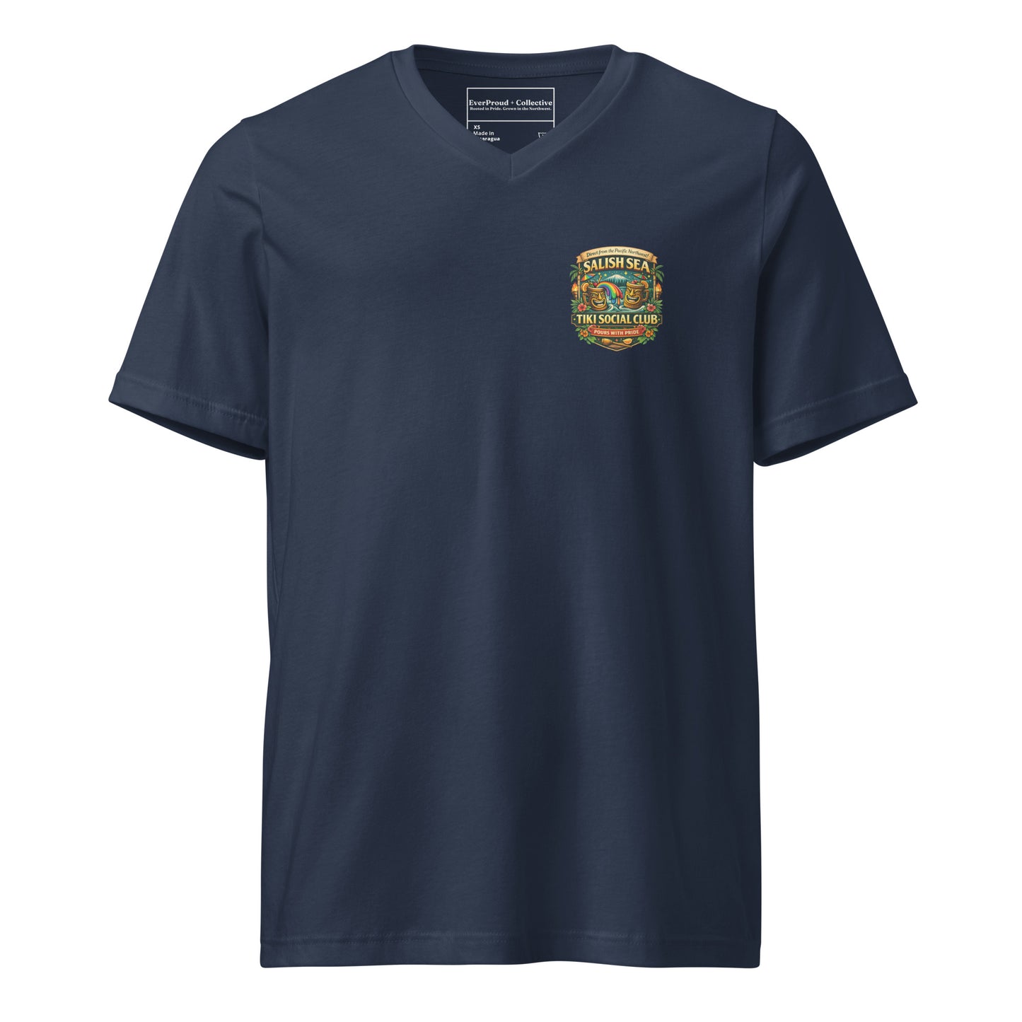 Serving Spirits Retro Tiki Women's Relaxed V-Neck T-Shirt — navy, front view, queer-owned PNW Pride apparel