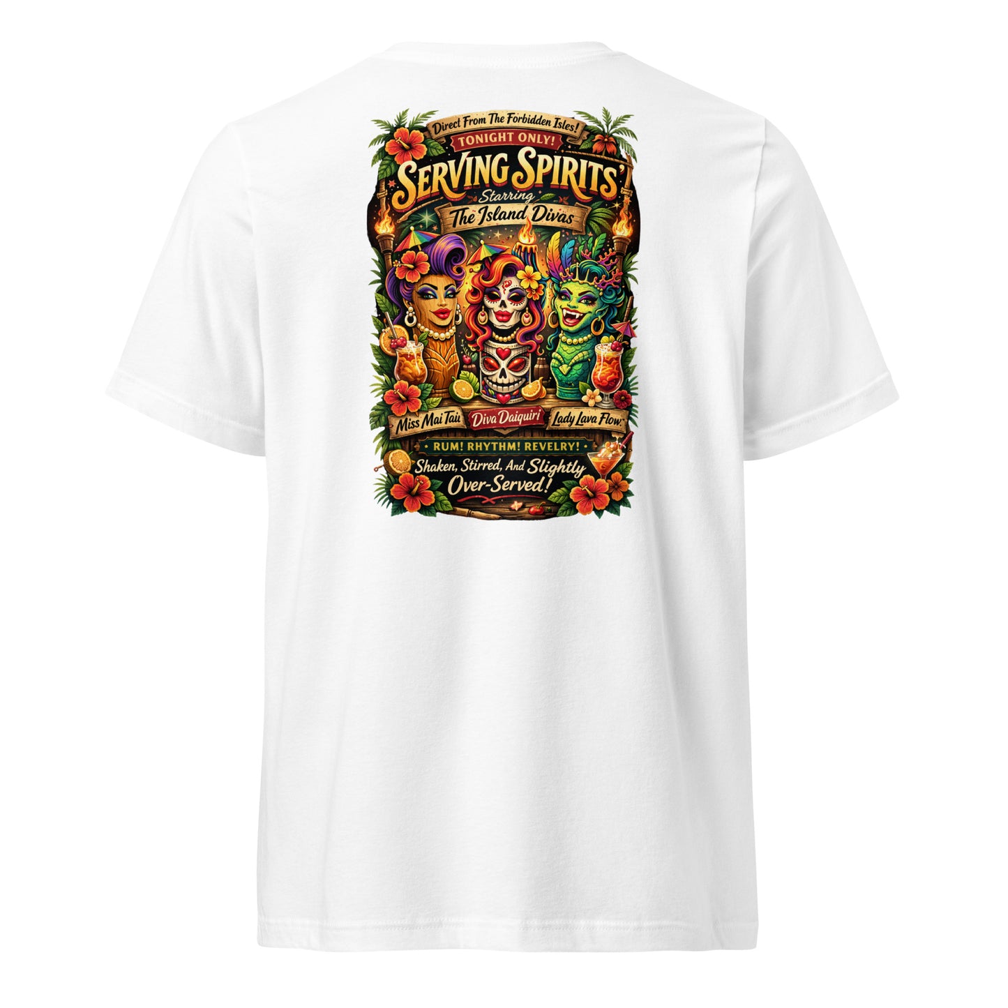Serving Spirits Retro Tiki Women's Relaxed V-Neck T-Shirt — white, back view, queer-owned PNW Pride apparel