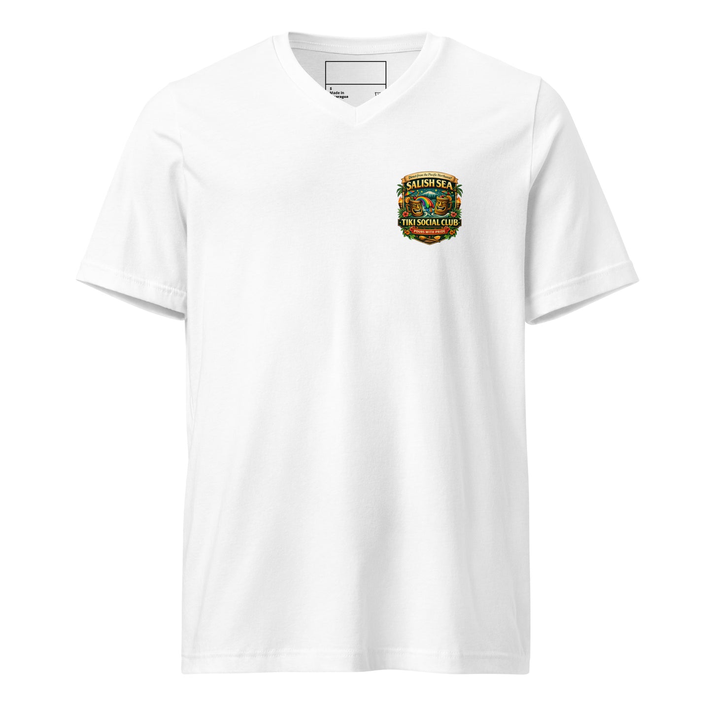 Serving Spirits Retro Tiki Women's Relaxed V-Neck T-Shirt — white, front view, queer-owned PNW Pride apparel