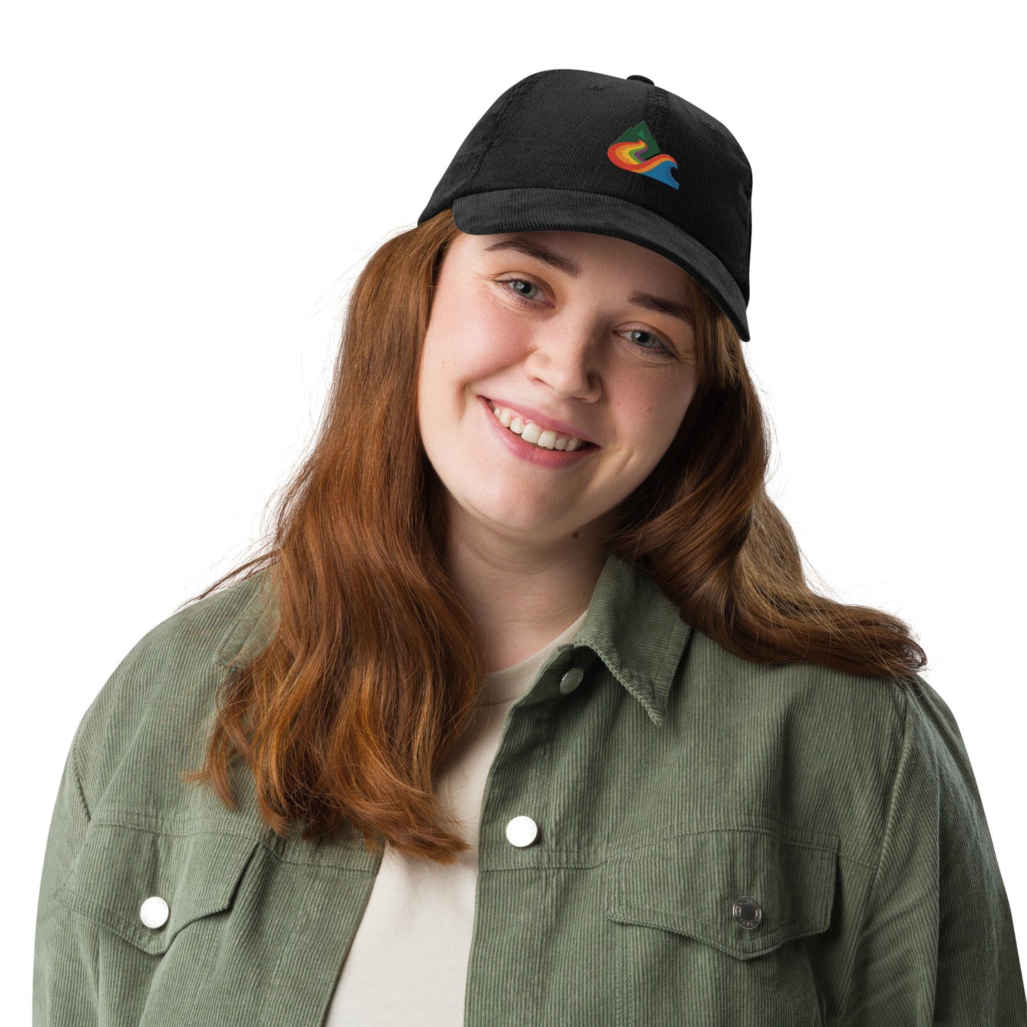 EverProud Logo Minimalist Corduroy Cap — black, front view, queer-owned PNW Pride apparel