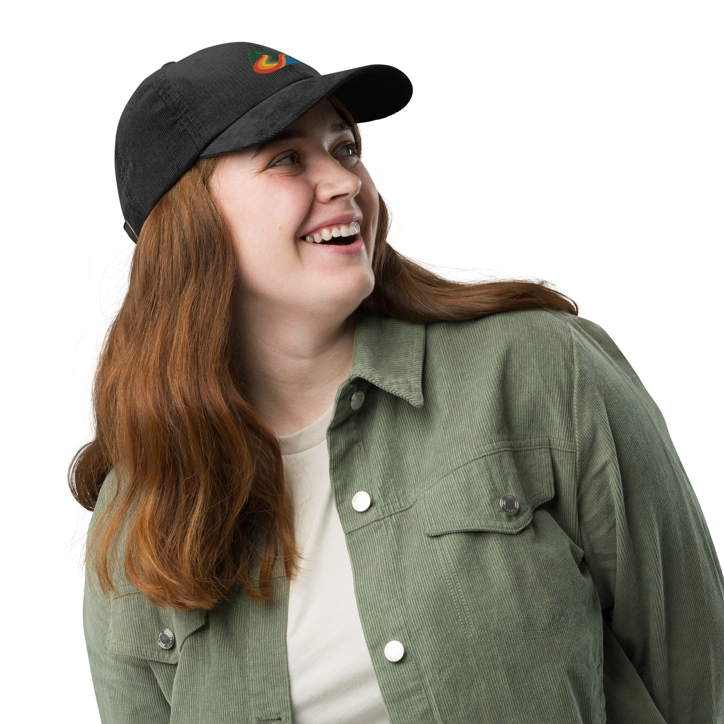 EverProud Logo Minimalist Corduroy Cap — black, front right view, queer-owned PNW Pride apparel