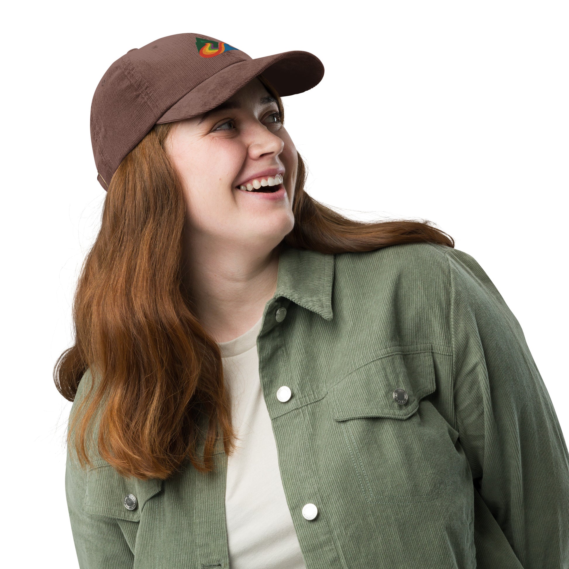 EverProud Logo Minimalist Corduroy Cap — brown, front right view, queer-owned PNW Pride apparel