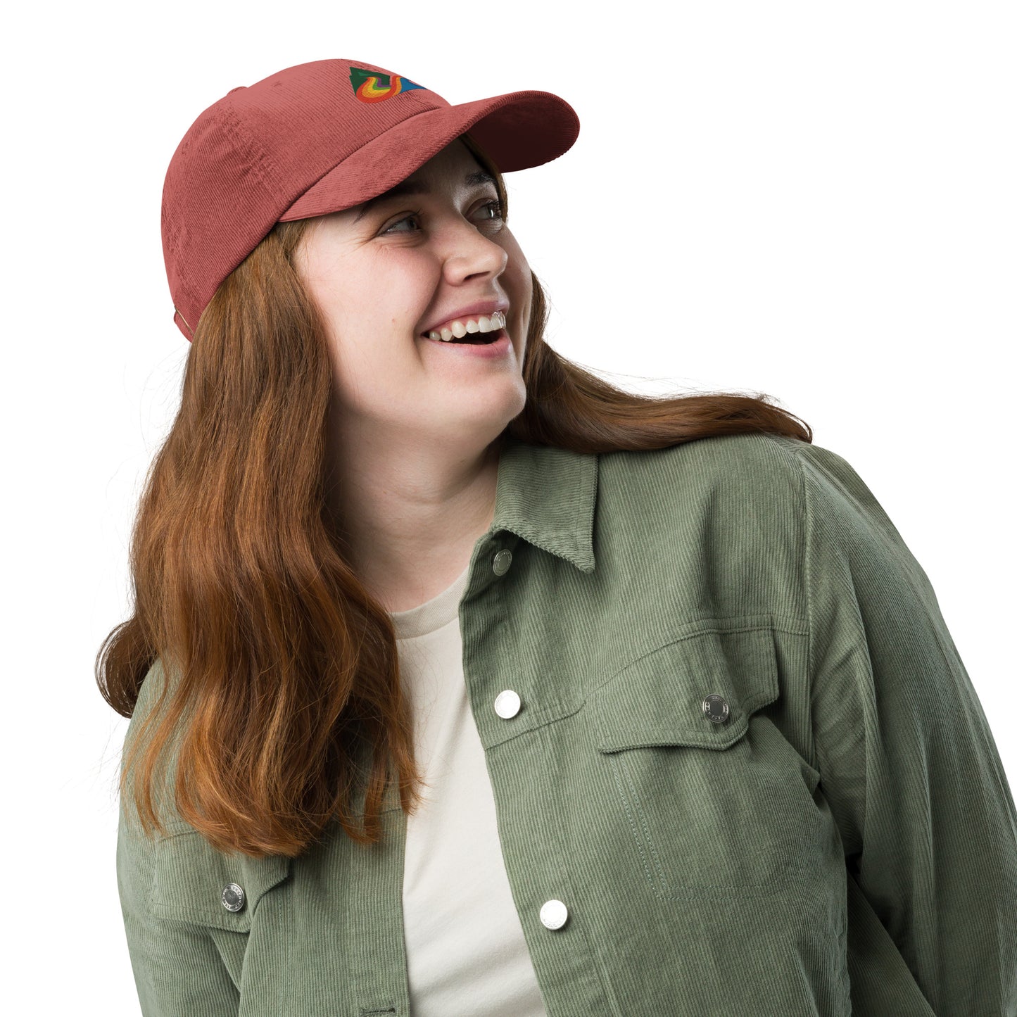 EverProud Logo Minimalist Corduroy Cap — burgundy, front right view, queer-owned PNW Pride apparel