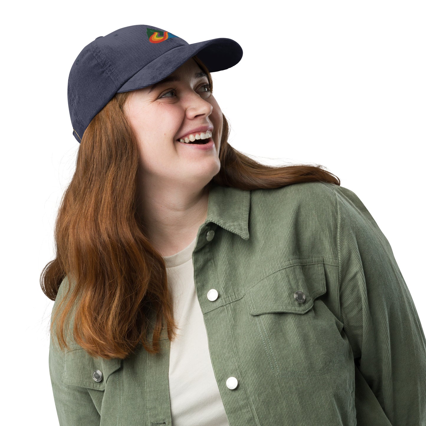 EverProud Logo Minimalist Corduroy Cap — navy, front right view, queer-owned PNW Pride apparel