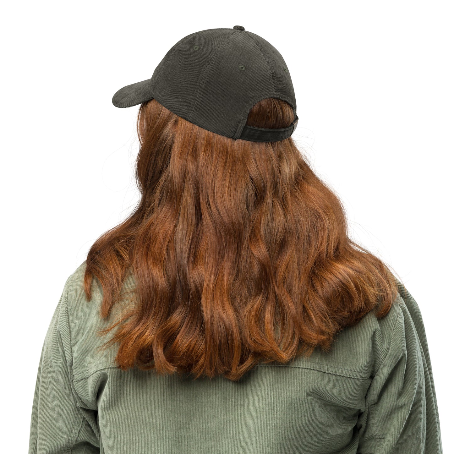 EverProud Logo Minimalist Corduroy Cap — olive, back view, queer-owned PNW Pride apparel