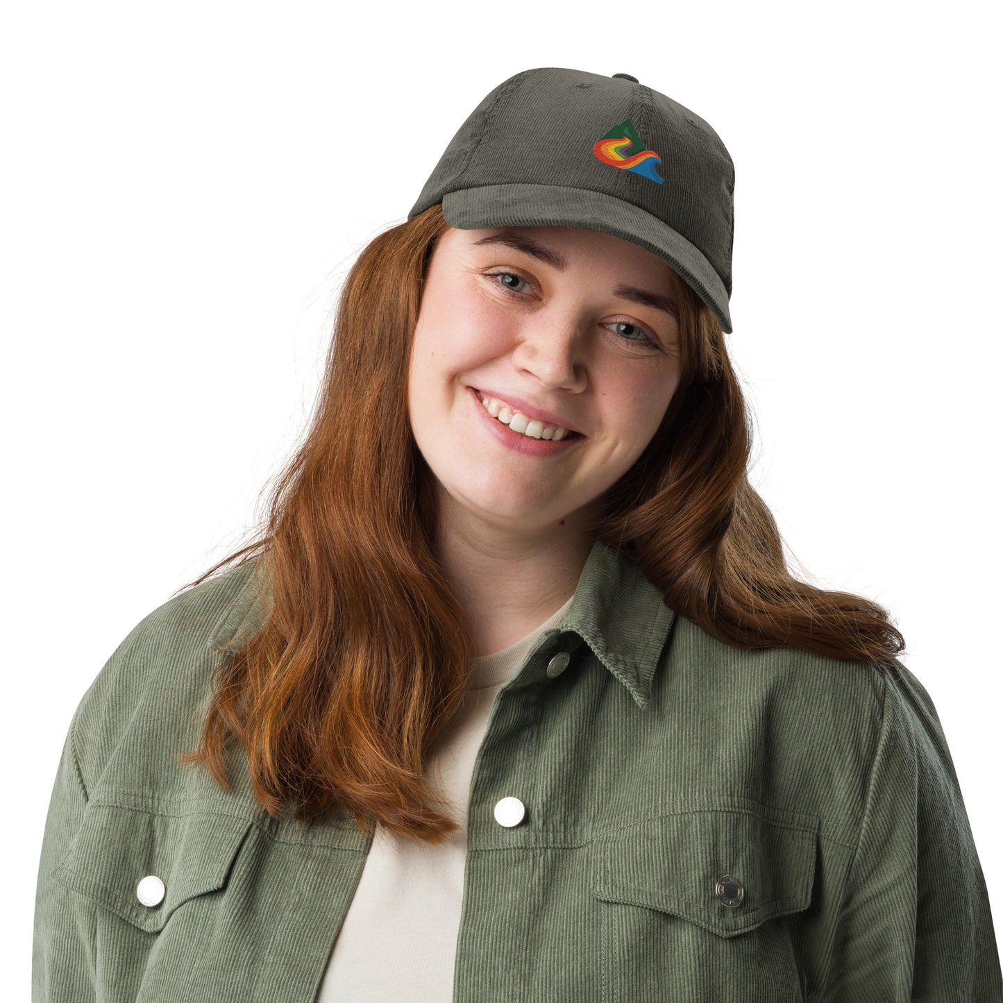 EverProud Logo Minimalist Corduroy Cap — olive, front view, queer-owned PNW Pride apparel
