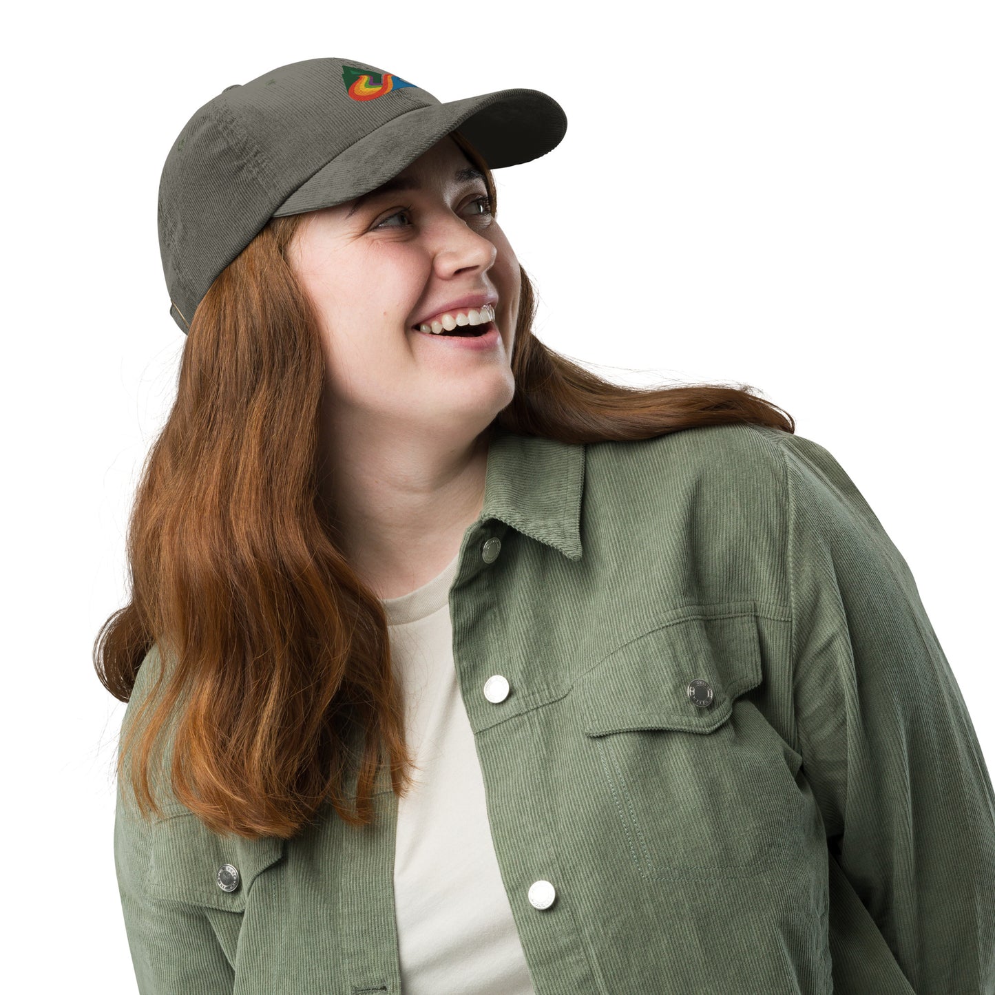 EverProud Logo Minimalist Corduroy Cap — olive, front right view, queer-owned PNW Pride apparel