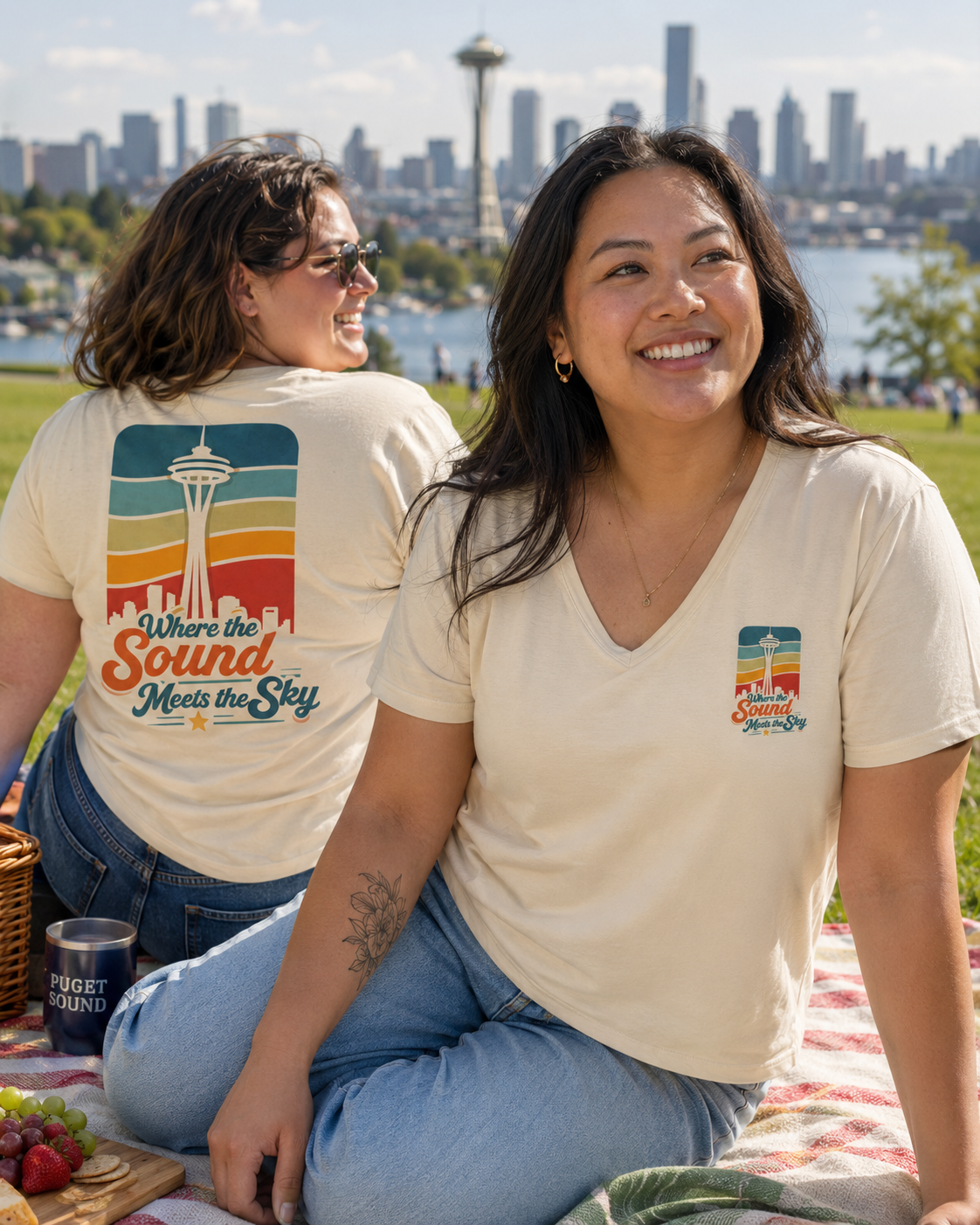 Where the Sound Meets the Sky Women's Relaxed V-Neck T-Shirt at Gas Works Park — queer-owned PNW Pride apparel, front and back view