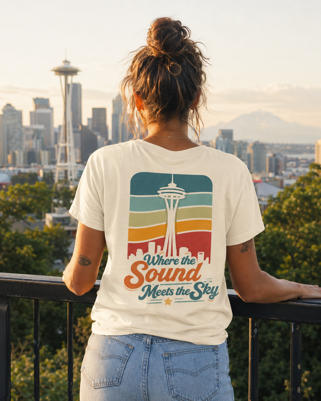 Where the Sound Meets the Sky Women's Relaxed V-Neck T-Shirt at Pier 55 waterfront — queer-owned PNW Pride apparel, front view
