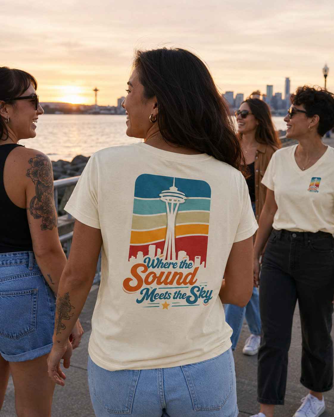 Where the Sound Meets the Sky Women's Relaxed V-Neck T-Shirt at Alki Beach — queer-owned PNW Pride apparel, back view