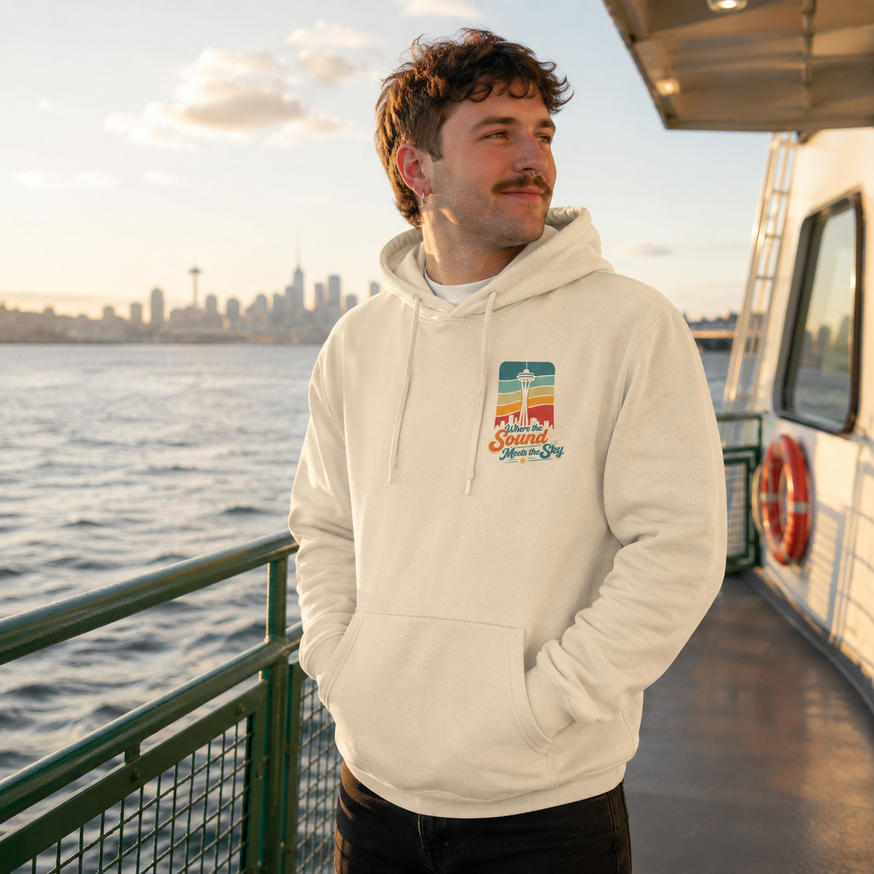 Where the Sound Meets the Sky Hoodie at a golden hour ferry deck — queer-owned PNW Pride apparel, front view