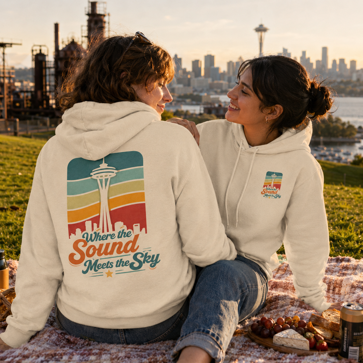 Where the Sound Meets the Sky Hoodie at Gas Works Park — queer-owned PNW Pride apparel, front and back view