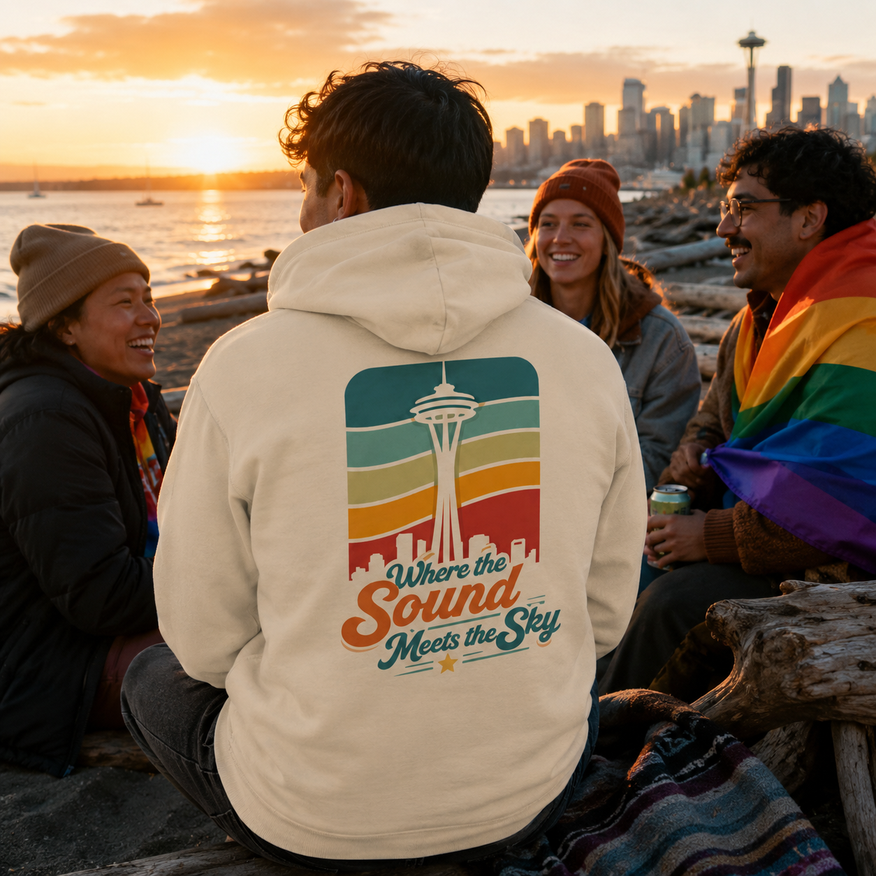 Where the Sound Meets the Sky Hoodie at Alki Beach — queer-owned PNW Pride apparel, back view