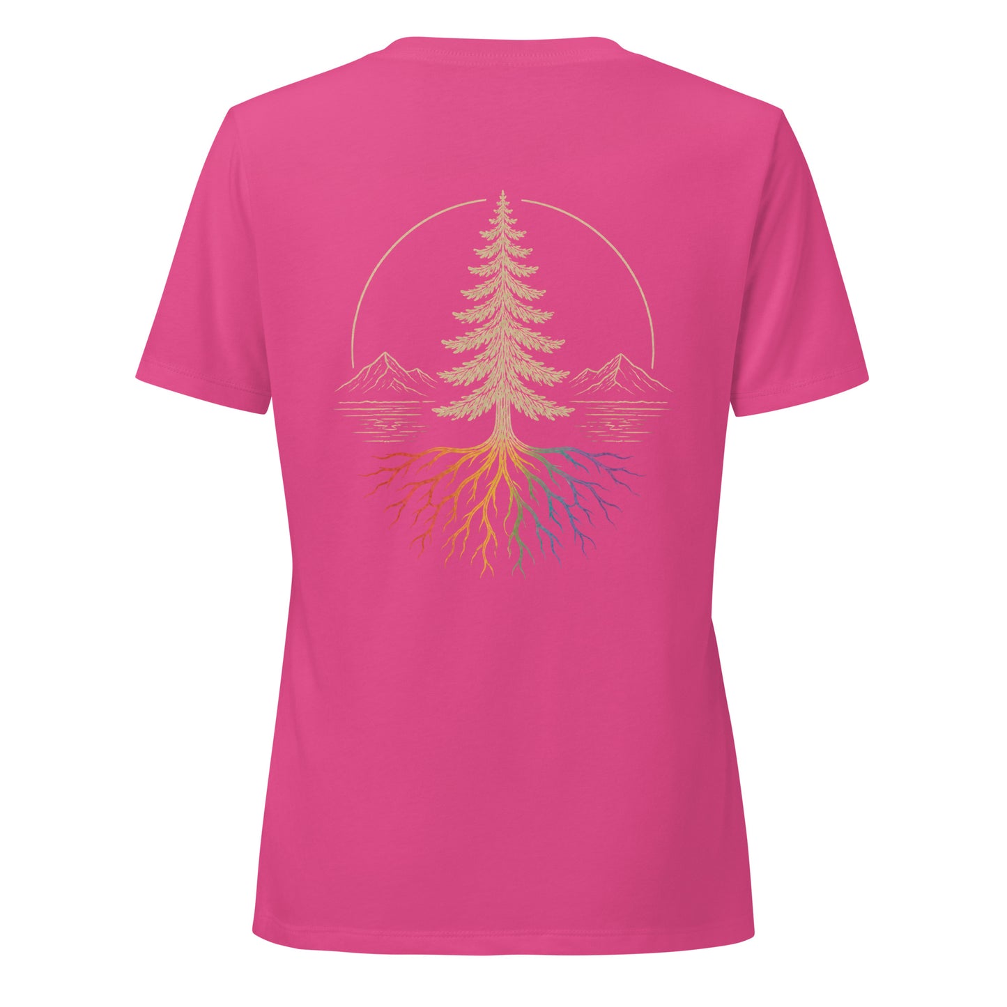 Beneath the Canopy Women's Relaxed V-Neck T-Shirt — berry, back view, queer-owned PNW Pride apparel