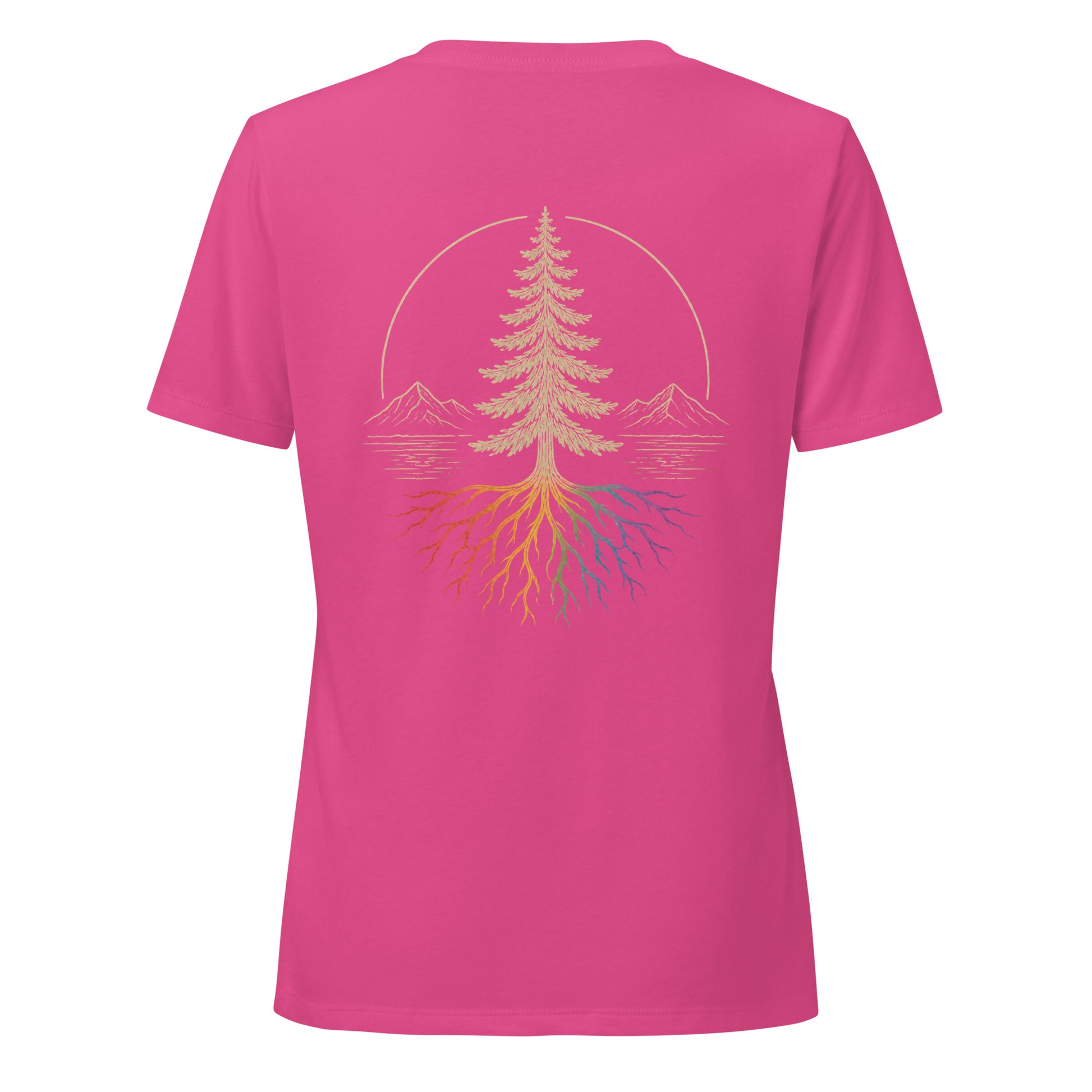 Beneath the Canopy Women's Relaxed V-Neck T-Shirt — berry, back view, queer-owned PNW Pride apparel
