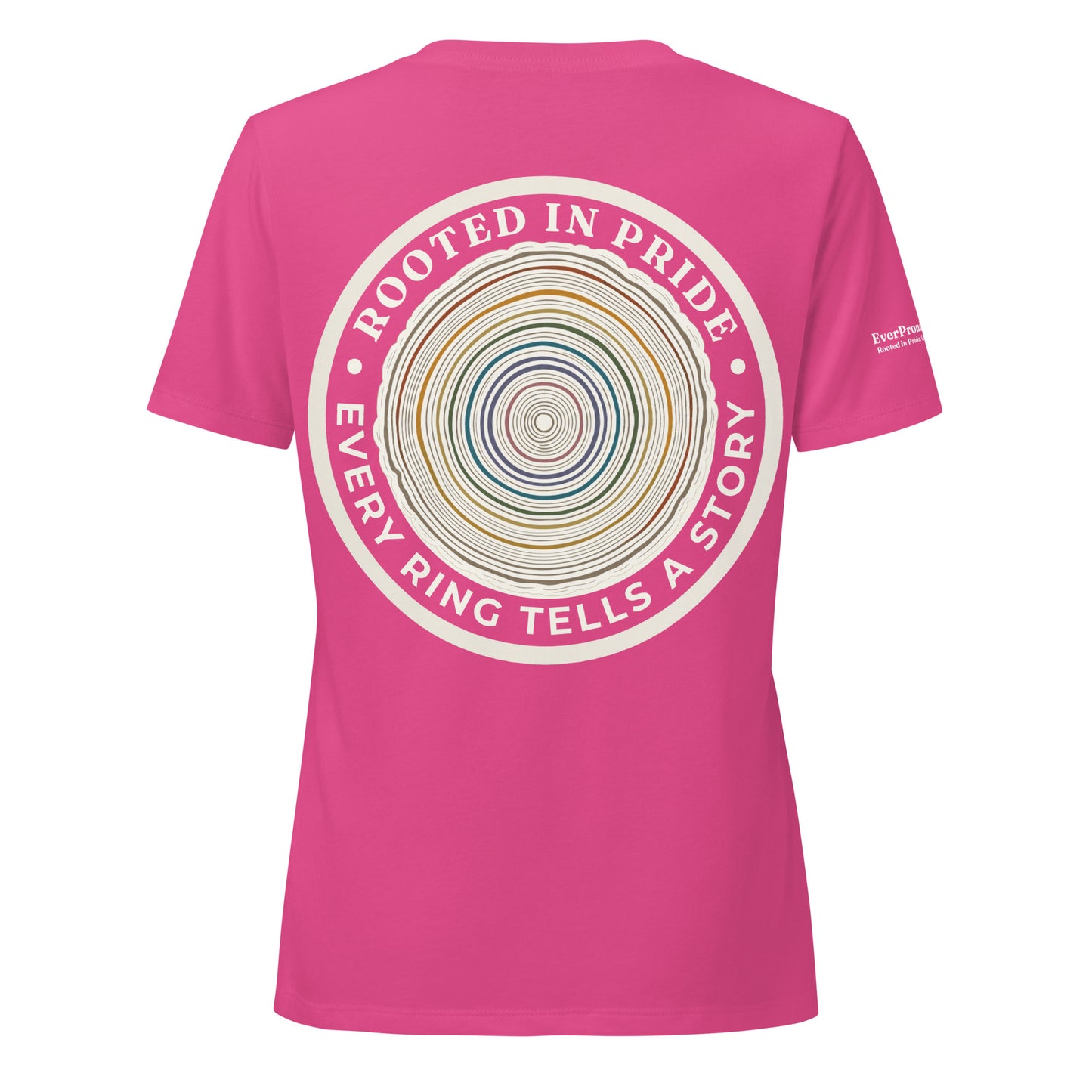Quiet Rings Women's Relaxed V-Neck T-Shirt — berry, back view, queer-owned PNW Pride apparel