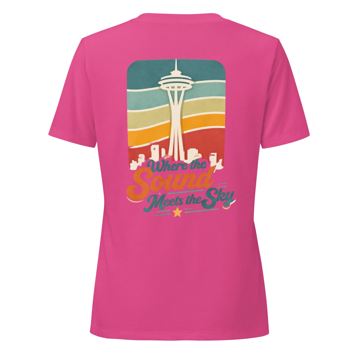 Where the Sound Meets the Sky Women's Relaxed V-Neck T-Shirt — berry, back view, queer-owned PNW Pride apparel