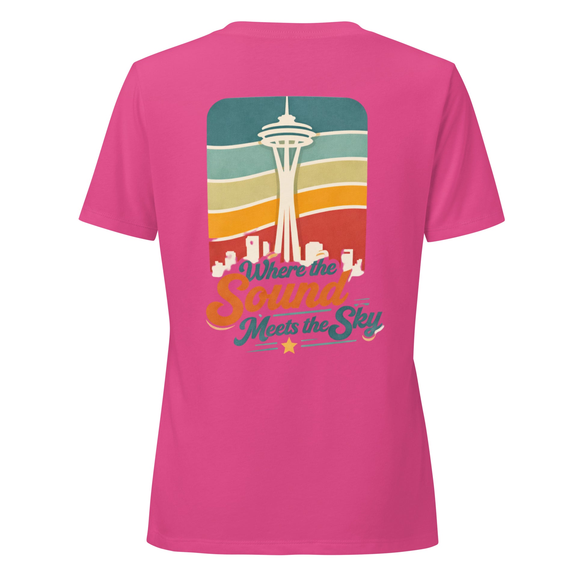 Where the Sound Meets the Sky Women's Relaxed V-Neck T-Shirt — berry, back view, queer-owned PNW Pride apparel