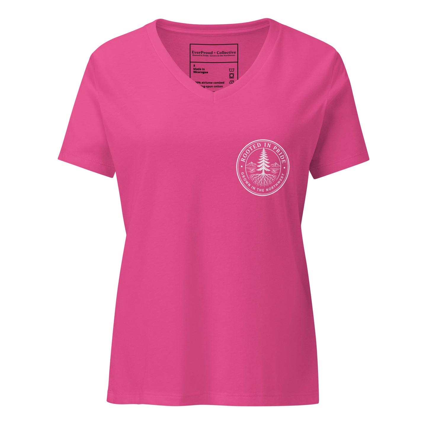 Beneath the Canopy Women's Relaxed V-Neck T-Shirt — berry, front view, queer-owned PNW Pride apparel