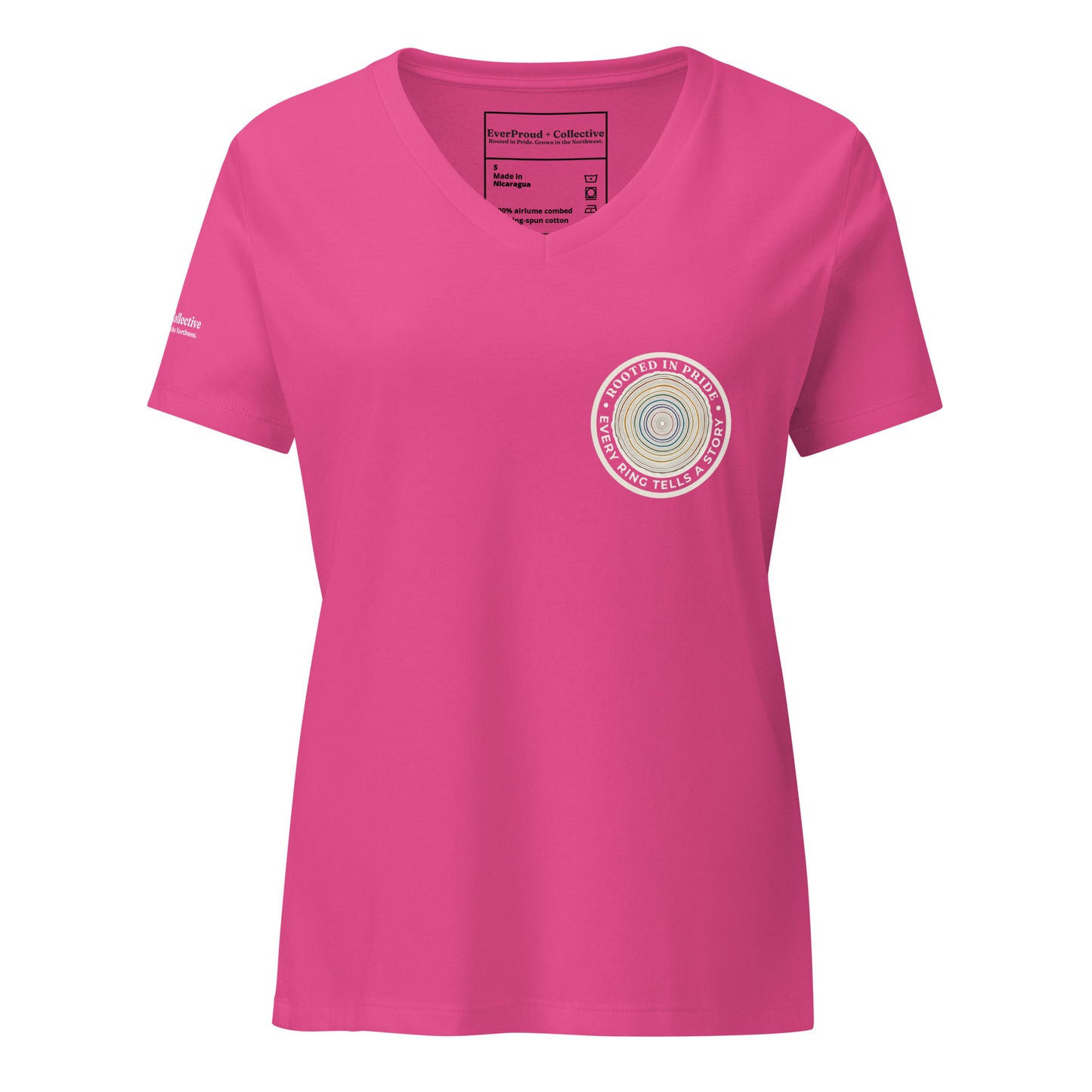 Quiet Rings Women's Relaxed V-Neck T-Shirt — berry, front view, queer-owned PNW Pride apparel