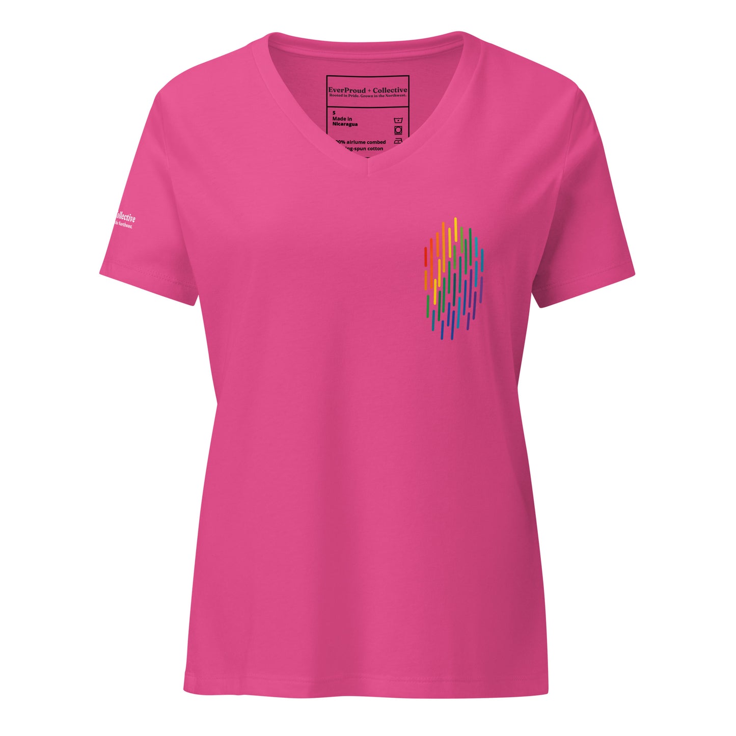PrideFall Women's Relaxed V-Neck T-Shirt — berry, front view, queer-owned PNW Pride apparel
