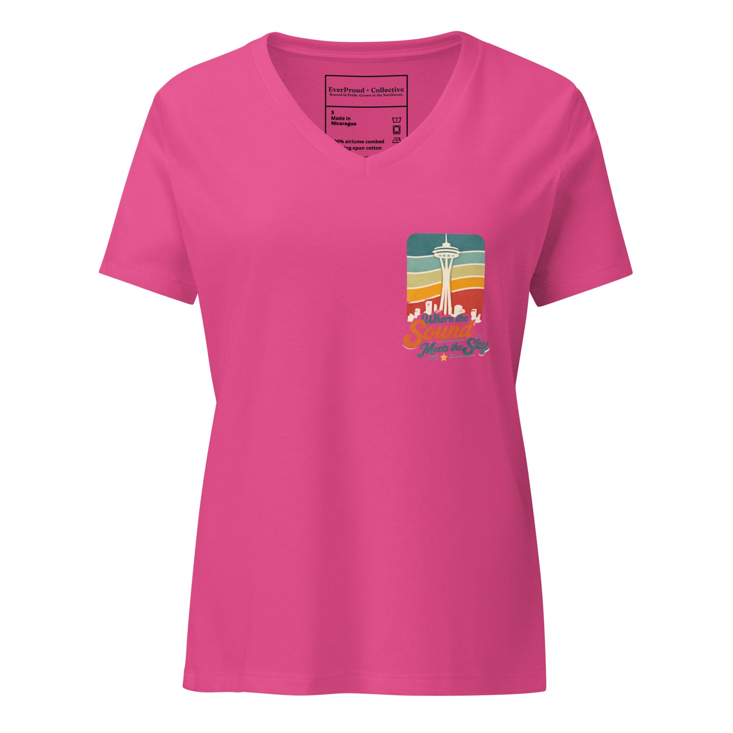 Where the Sound Meets the Sky Women's Relaxed V-Neck T-Shirt — berry, front view, queer-owned PNW Pride apparel