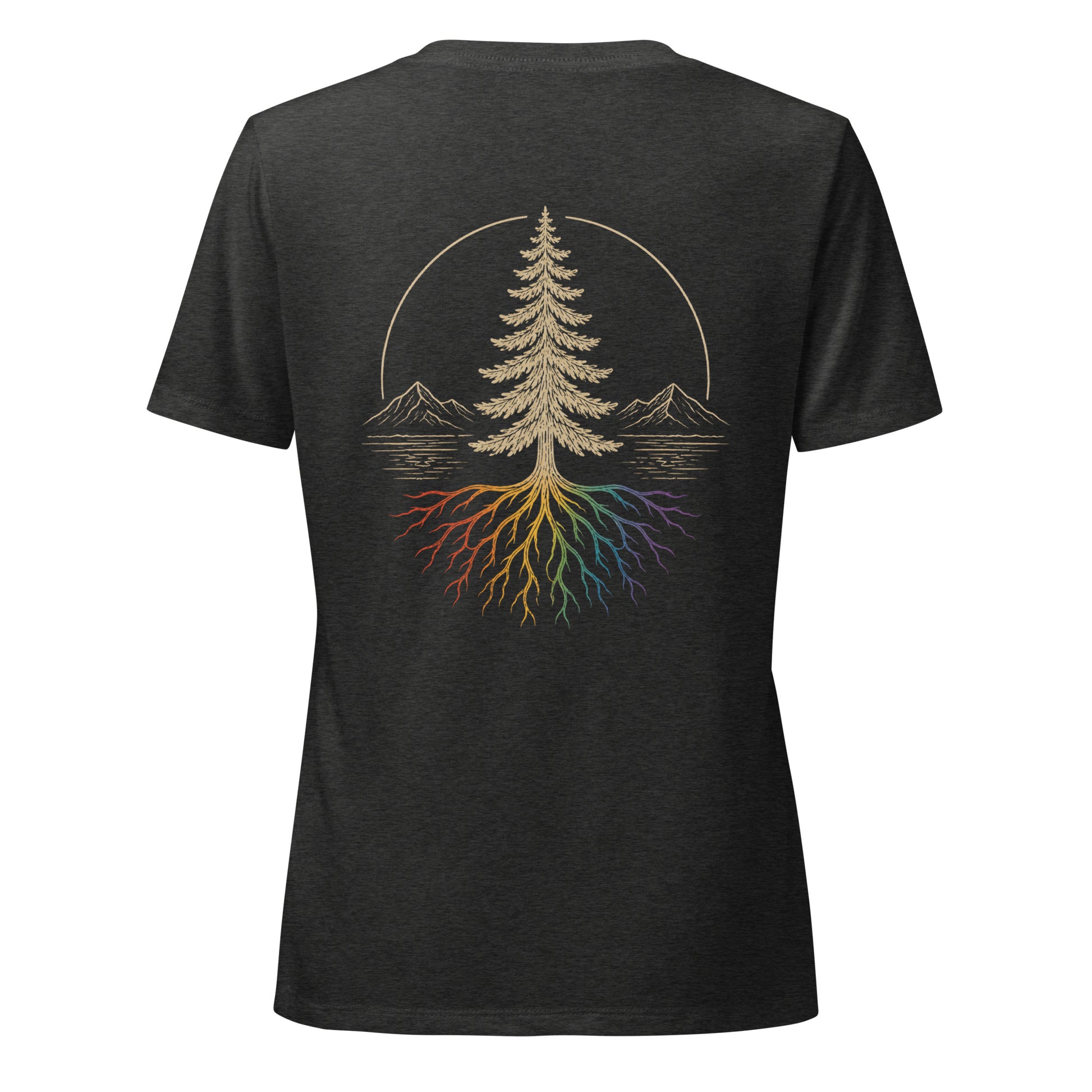 Beneath the Canopy Women's Relaxed V-Neck T-Shirt — dark grey heather, back view, queer-owned PNW Pride apparel