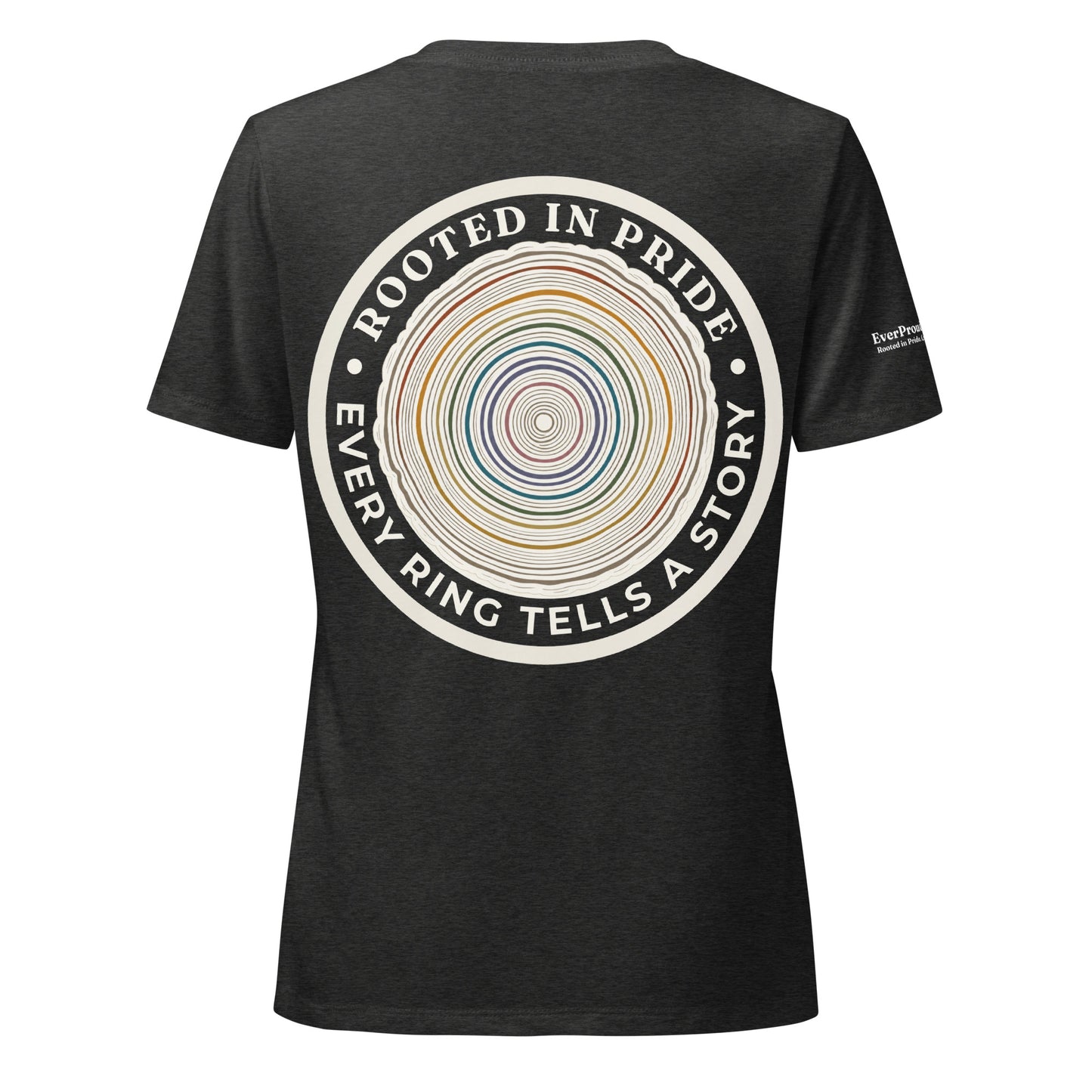 Quiet Rings Women's Relaxed V-Neck T-Shirt — dark grey heather, back view, queer-owned PNW Pride apparel