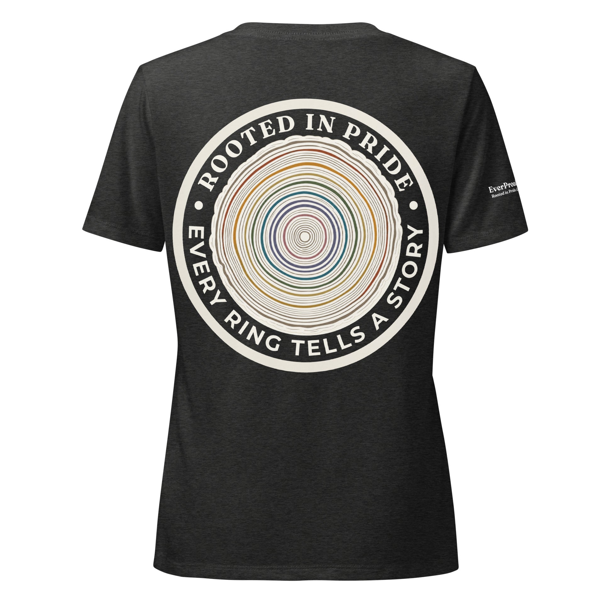 Quiet Rings Women's Relaxed V-Neck T-Shirt — dark grey heather, back view, queer-owned PNW Pride apparel