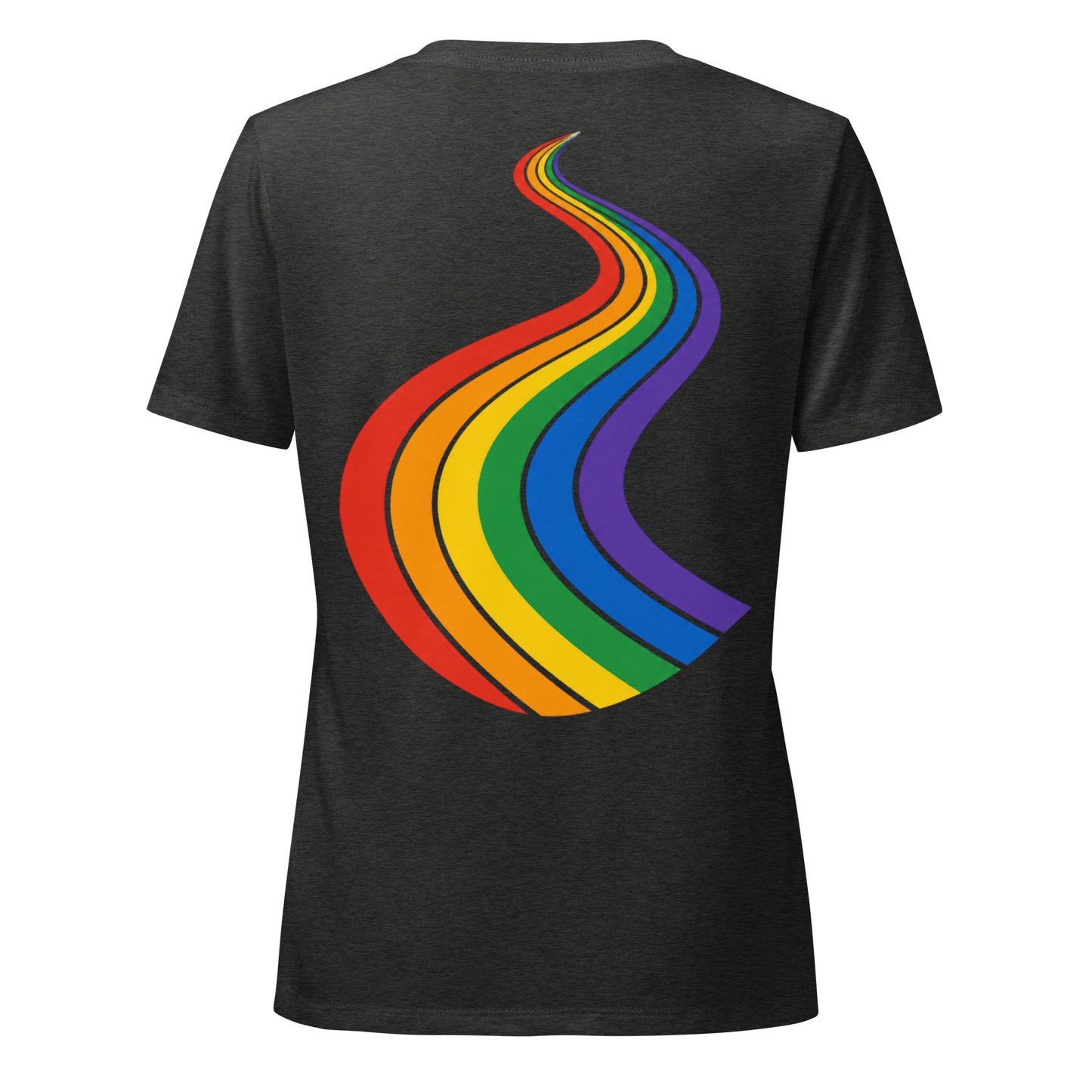 ProudPath Women's Relaxed V-Neck T-Shirt — dark grey heather, back view, queer-owned PNW Pride apparel