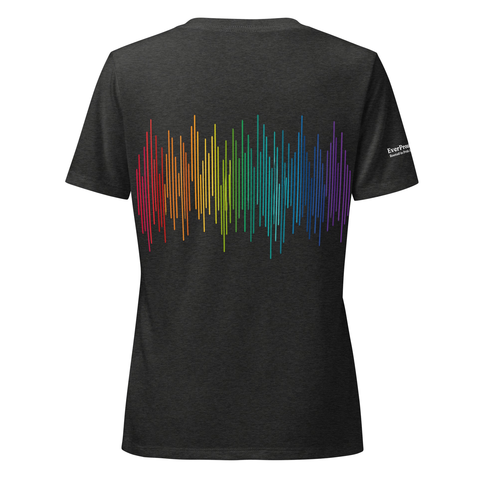 PrideFall Women's Relaxed V-Neck T-Shirt — dark grey heather, back view, queer-owned PNW Pride apparel