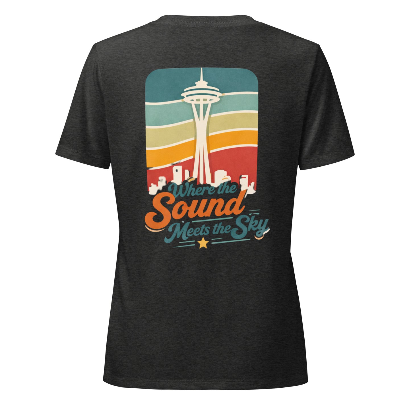 Where the Sound Meets the Sky Women's Relaxed V-Neck T-Shirt — dark grey heather, back view, queer-owned PNW Pride apparel