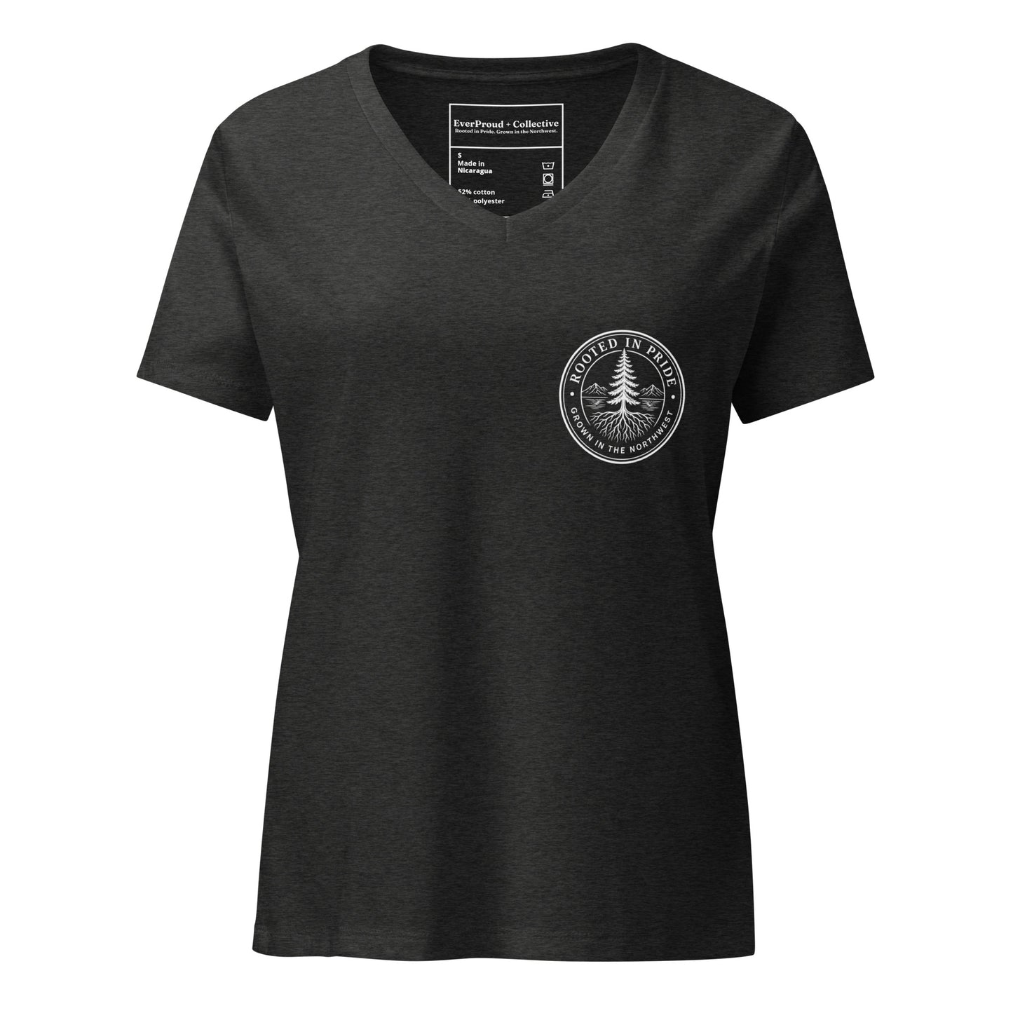 Beneath the Canopy Women's Relaxed V-Neck T-Shirt — dark grey heather, front view, queer-owned PNW Pride apparel