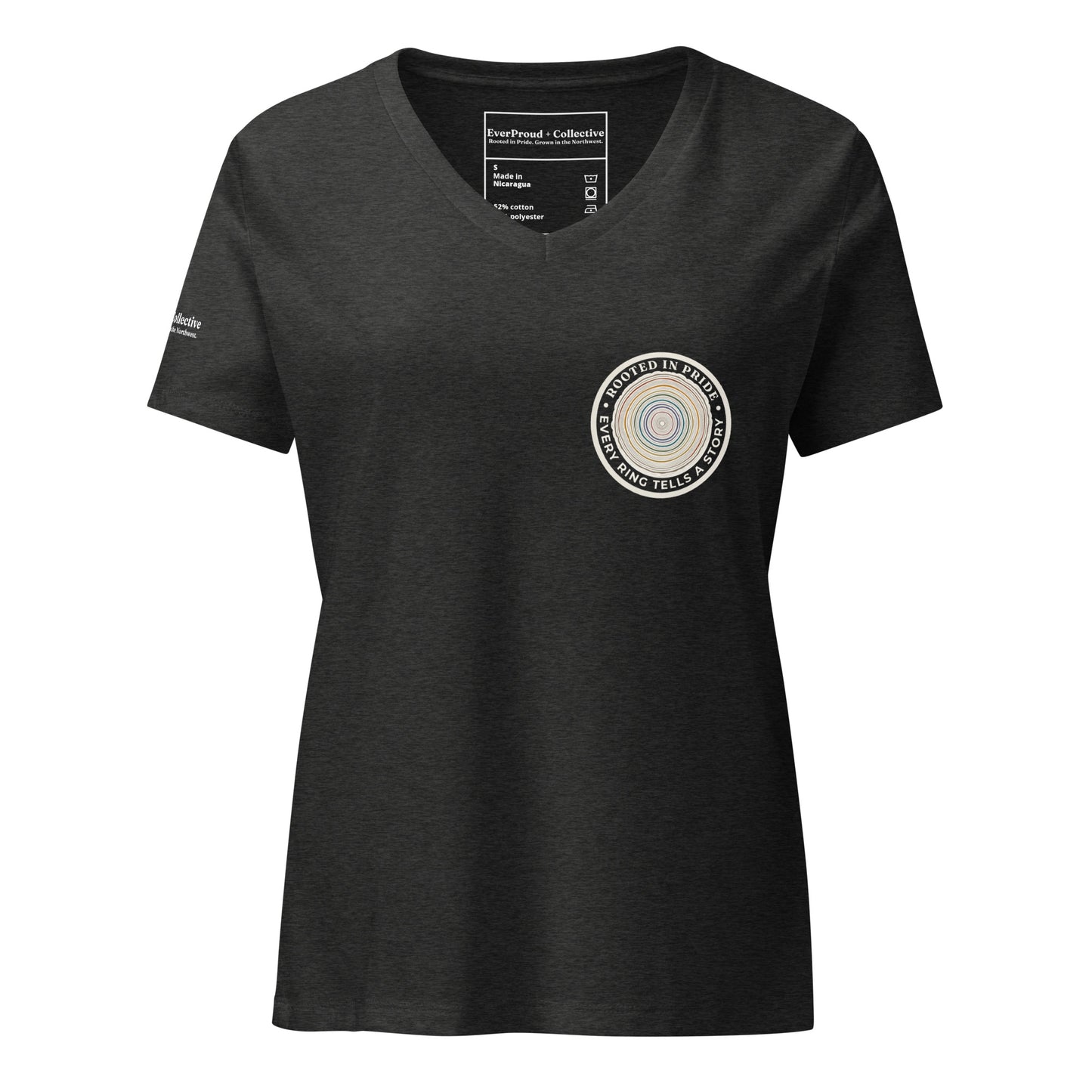 Quiet Rings Women's Relaxed V-Neck T-Shirt — dark grey heather, front view, queer-owned PNW Pride apparel