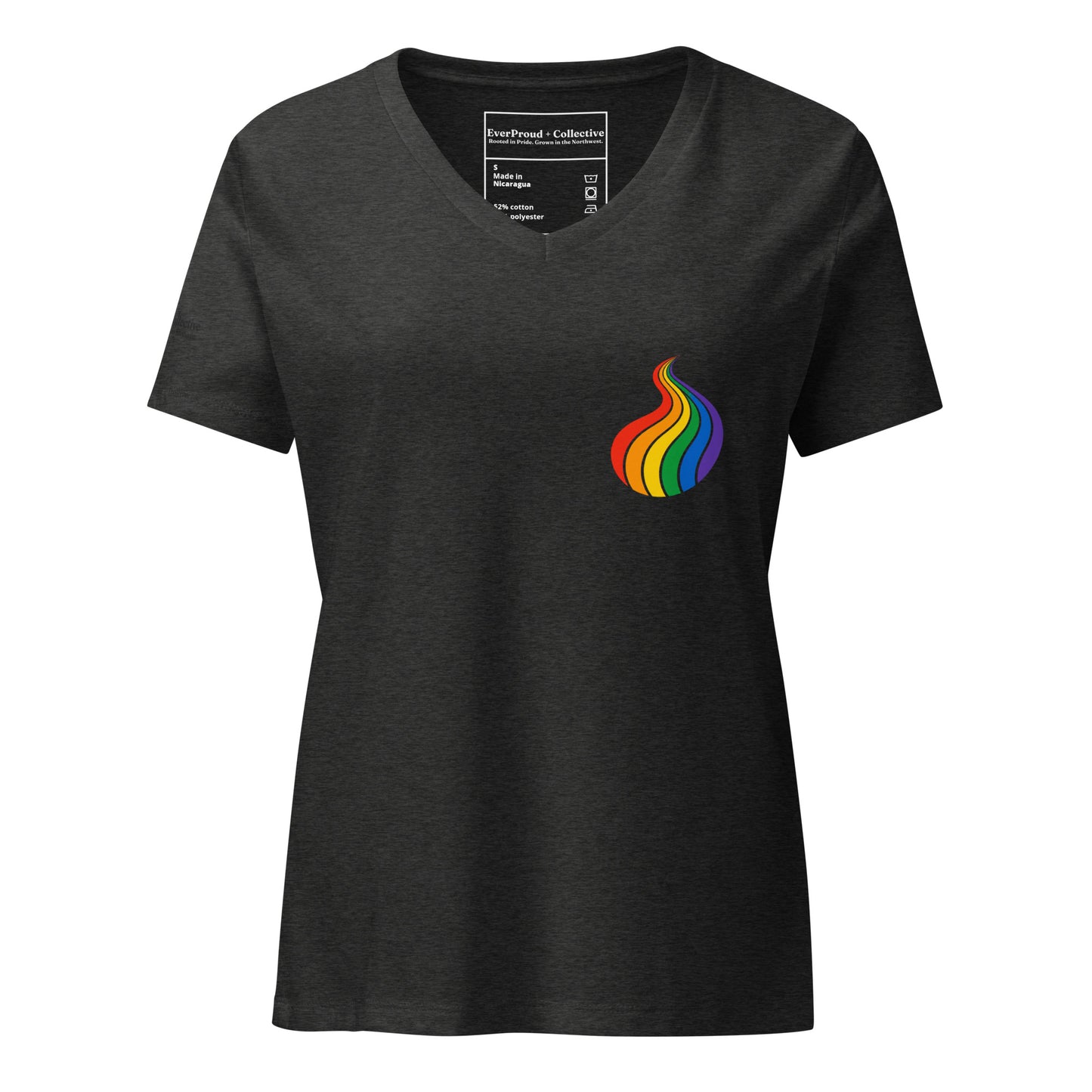 ProudPath Women's Relaxed V-Neck T-Shirt — dark grey heather, front view, queer-owned PNW Pride apparel