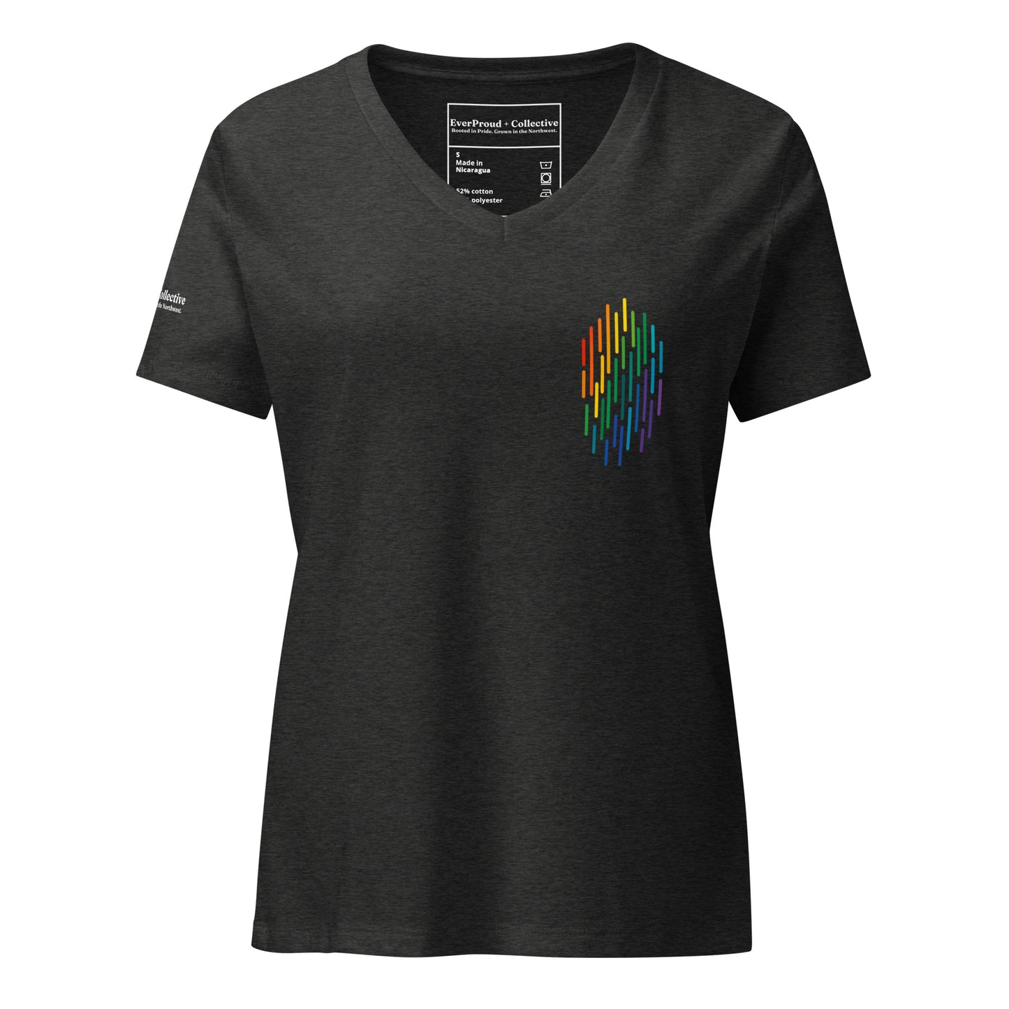 PrideFall Women's Relaxed V-Neck T-Shirt — dark grey heather, front view, queer-owned PNW Pride apparel