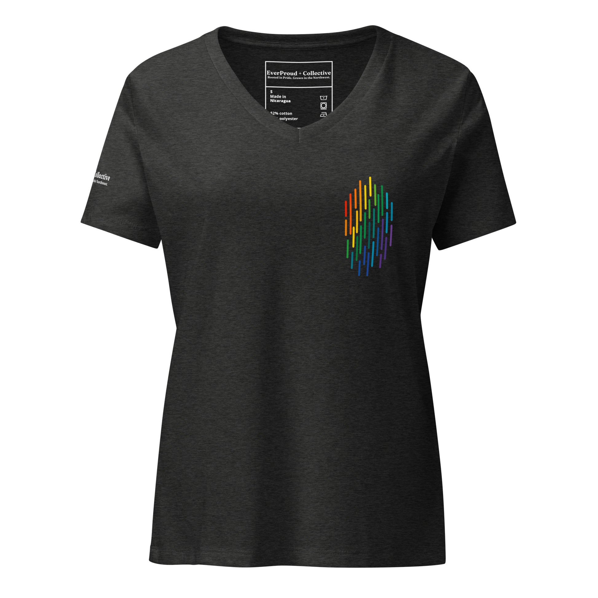 PrideFall Women's Relaxed V-Neck T-Shirt — dark grey heather, front view, queer-owned PNW Pride apparel