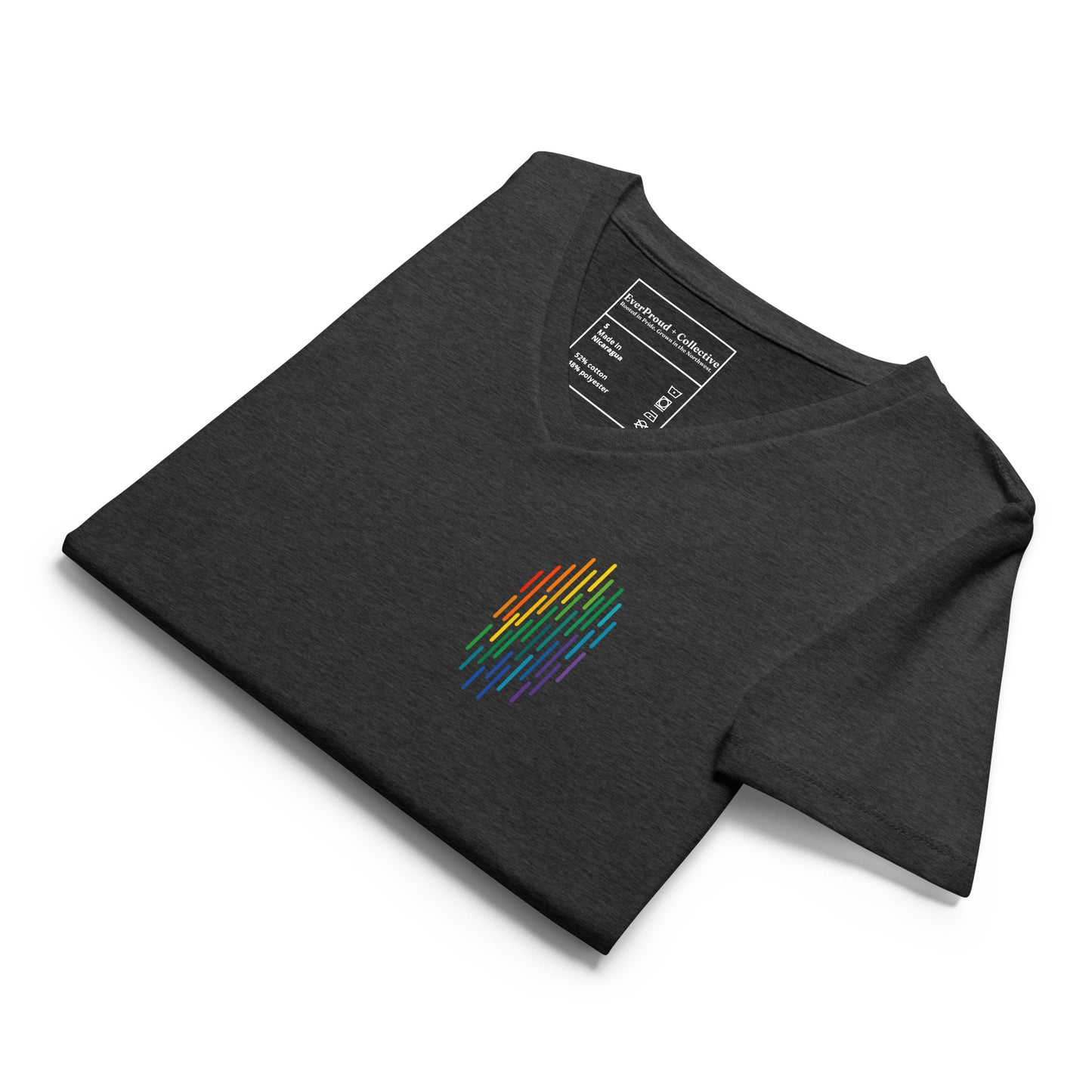 PrideFall Women's Relaxed V-Neck T-Shirt — dark grey heather, front view, queer-owned PNW Pride apparel