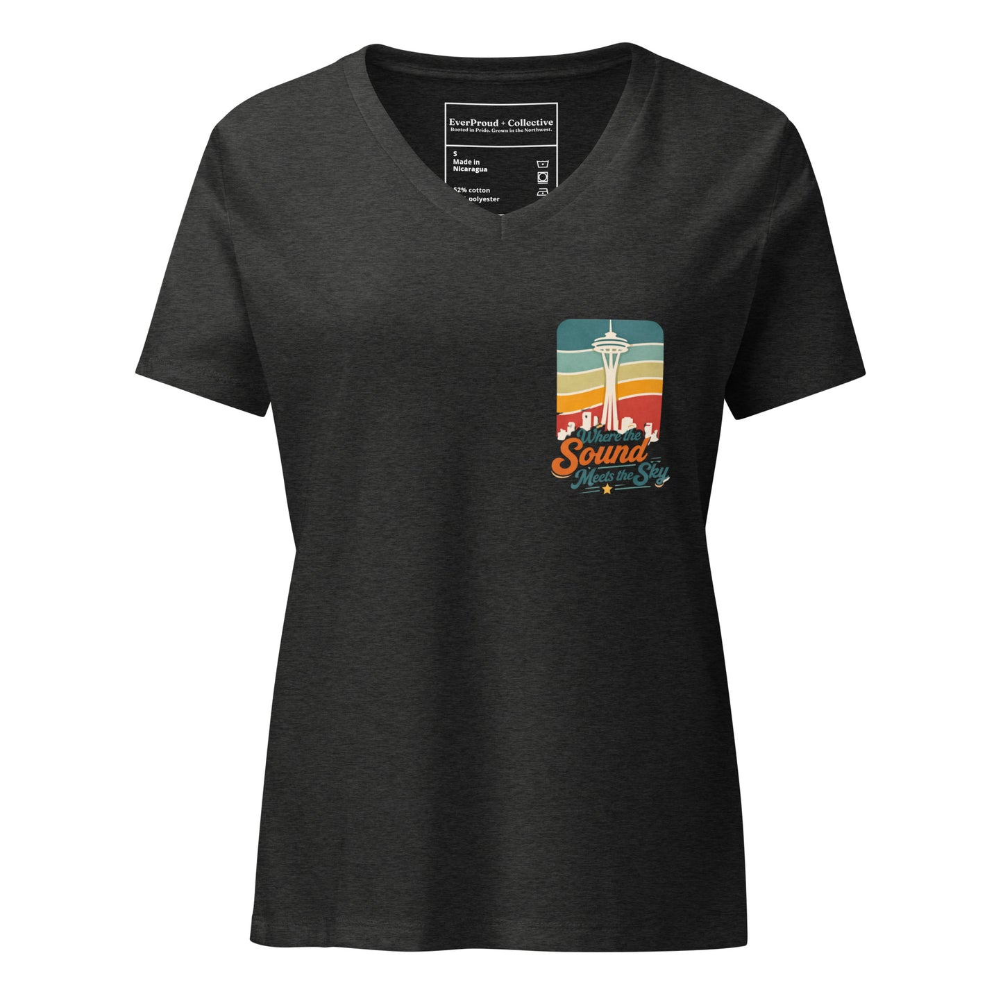 Where the Sound Meets the Sky Women's Relaxed V-Neck T-Shirt — dark grey heather, front view, queer-owned PNW Pride apparel