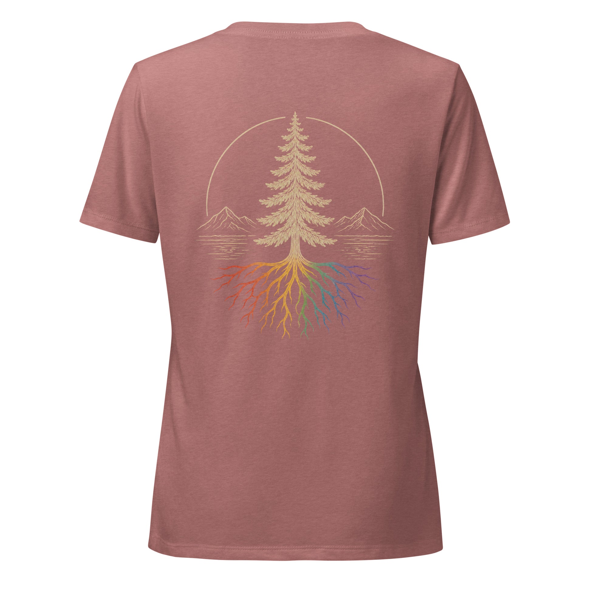 Beneath the Canopy Women's Relaxed V-Neck T-Shirt — heather mauve, back view, queer-owned PNW Pride apparel