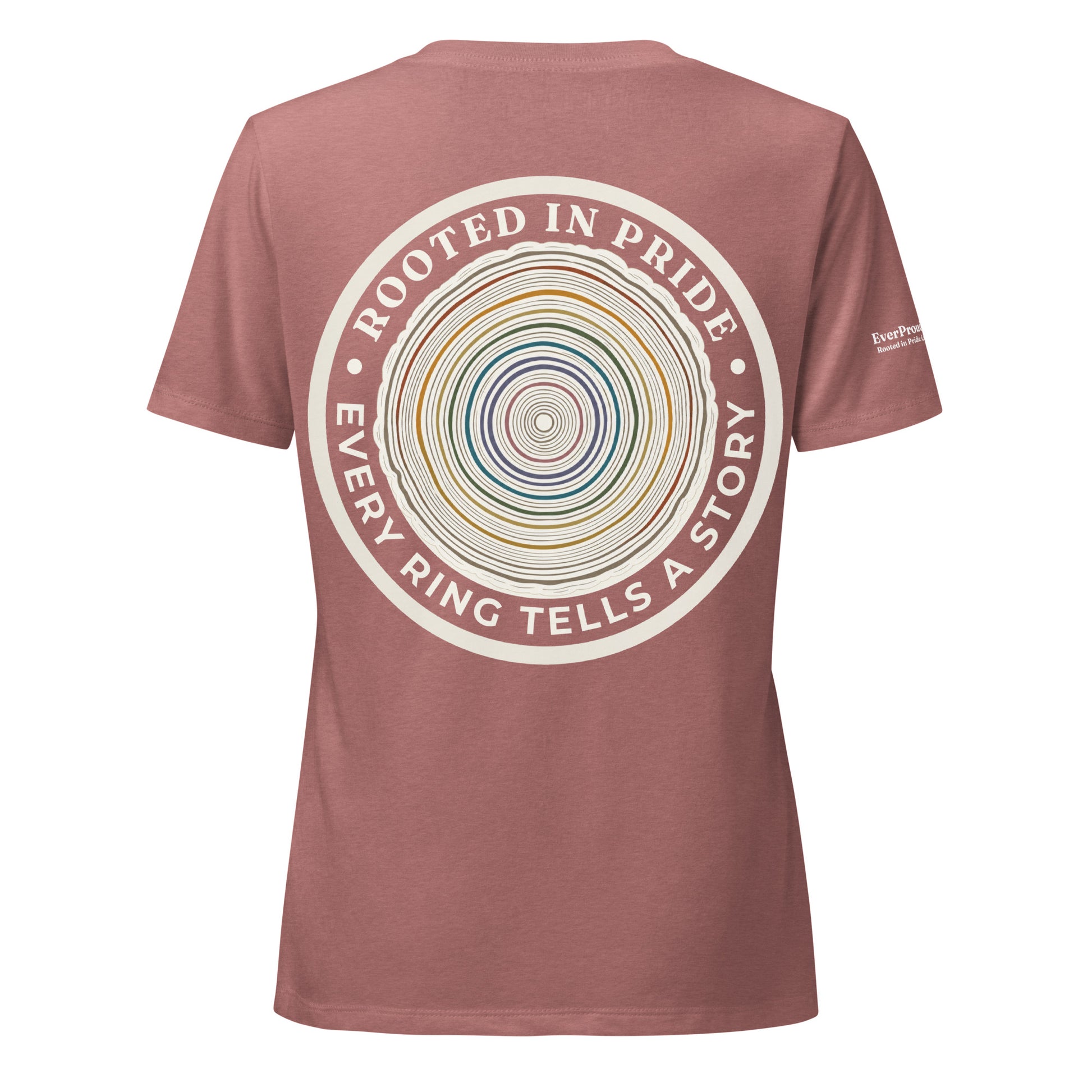 Quiet Rings Women's Relaxed V-Neck T-Shirt — heather mauve, back view, queer-owned PNW Pride apparel