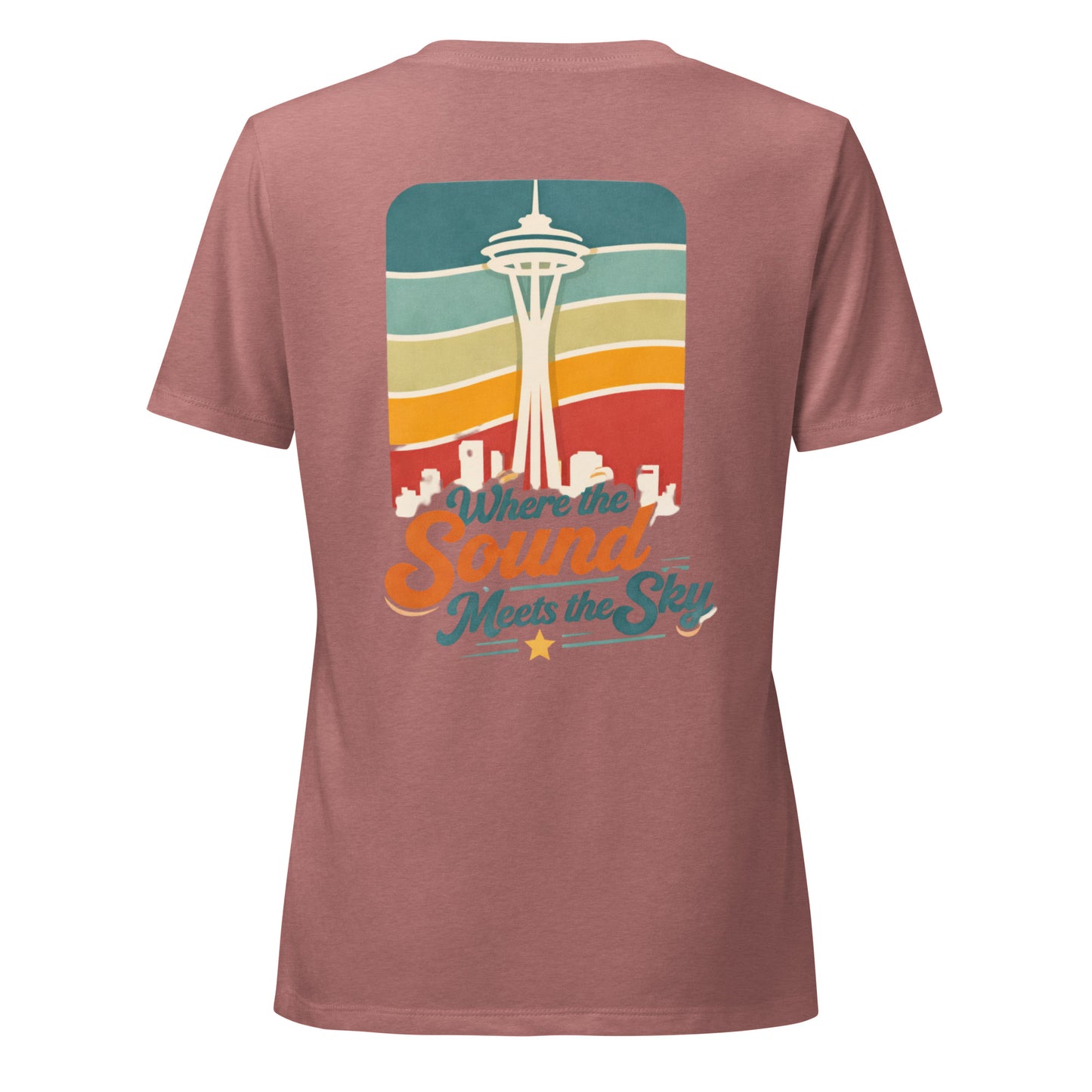 Where the Sound Meets the Sky Women's Relaxed V-Neck T-Shirt — heather mauve, back view, queer-owned PNW Pride apparel