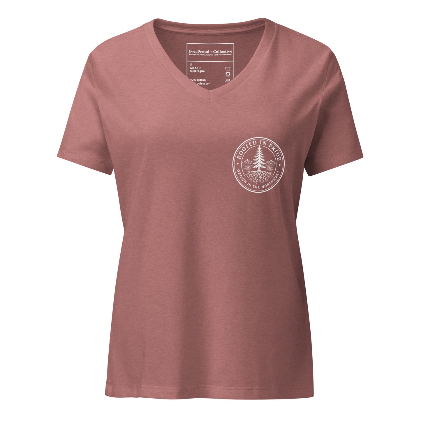 Beneath the Canopy Women's Relaxed V-Neck T-Shirt — heather mauve, front view, queer-owned PNW Pride apparel